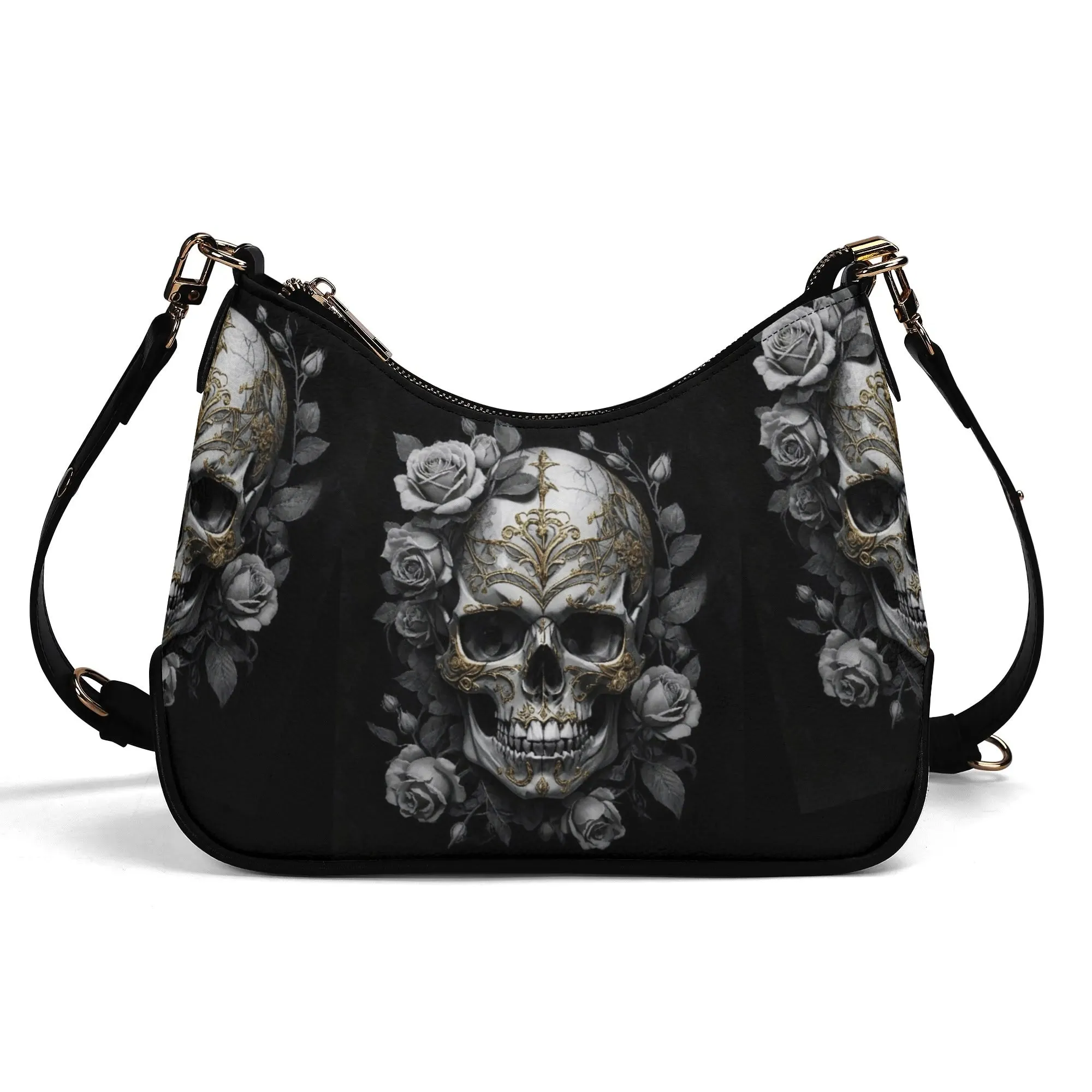 Gothic Skulls and Roses Graphic PU Leather Shoulder Bag with Chain Decoration and Matching Zip-up Cardholder Wallet