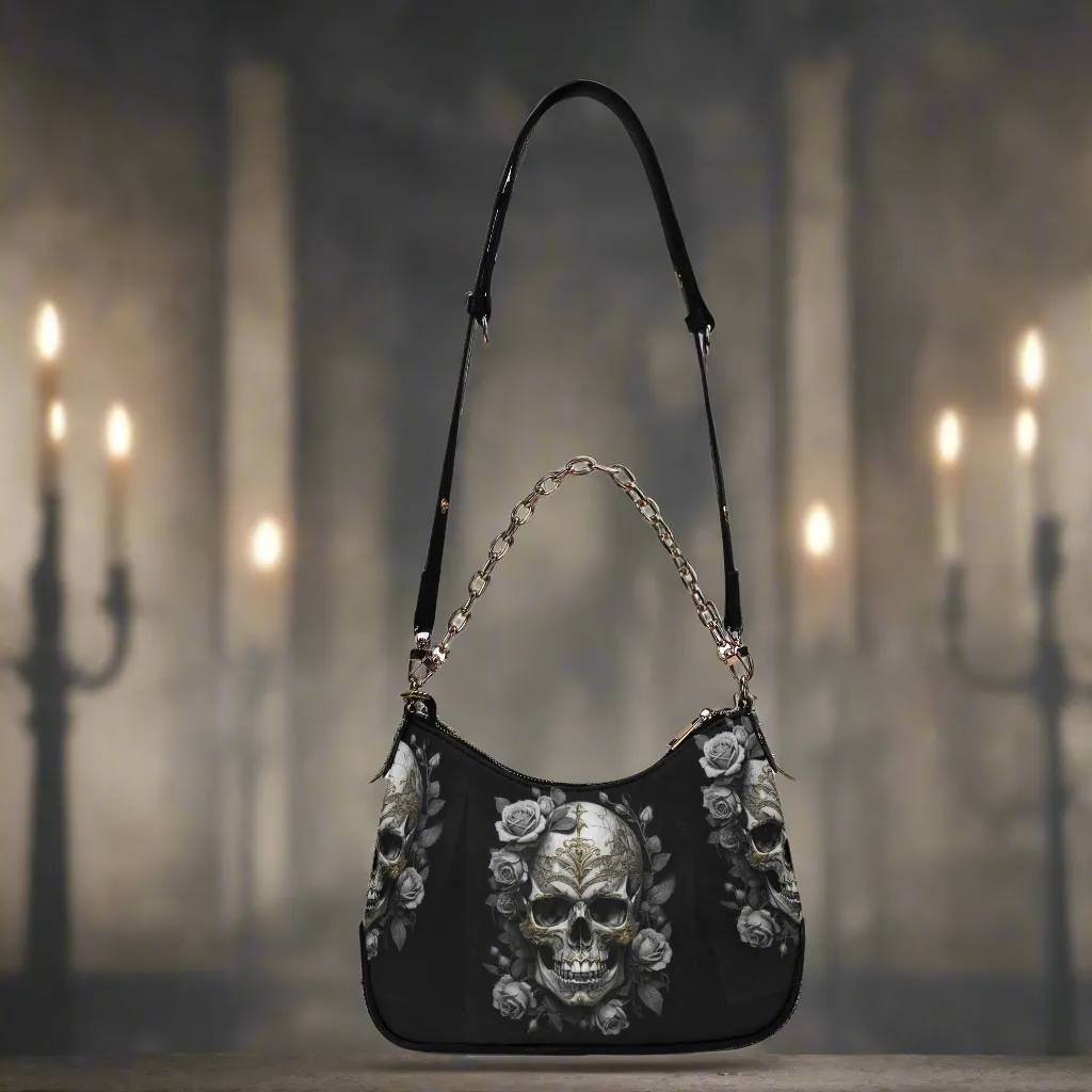 Gothic Skulls and Roses Graphic PU Leather Shoulder Bag with Chain Decoration and Matching Zip-up Cardholder Wallet