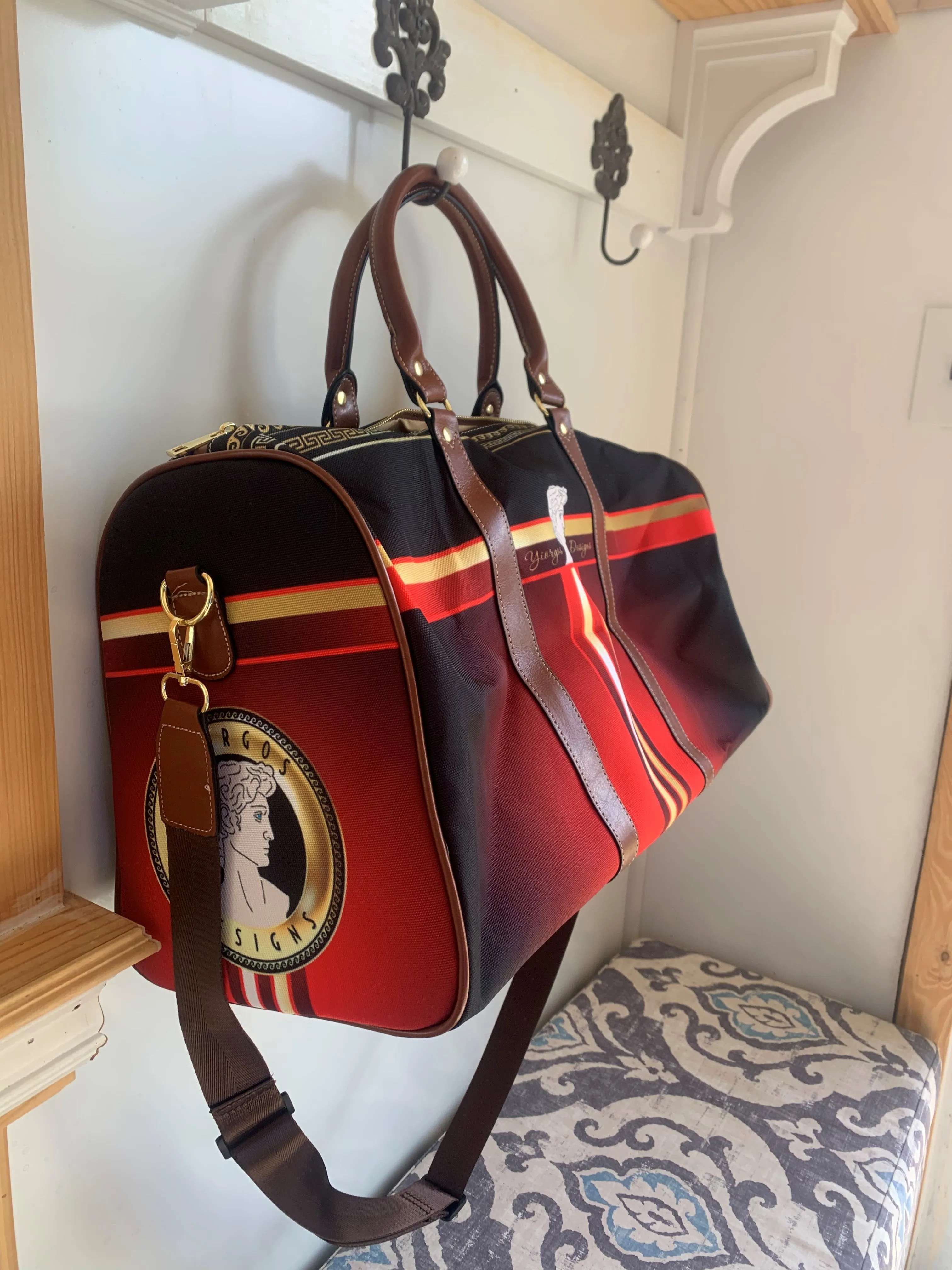 Greek Key Gold Black Medallion Waterproof Travel Bag
