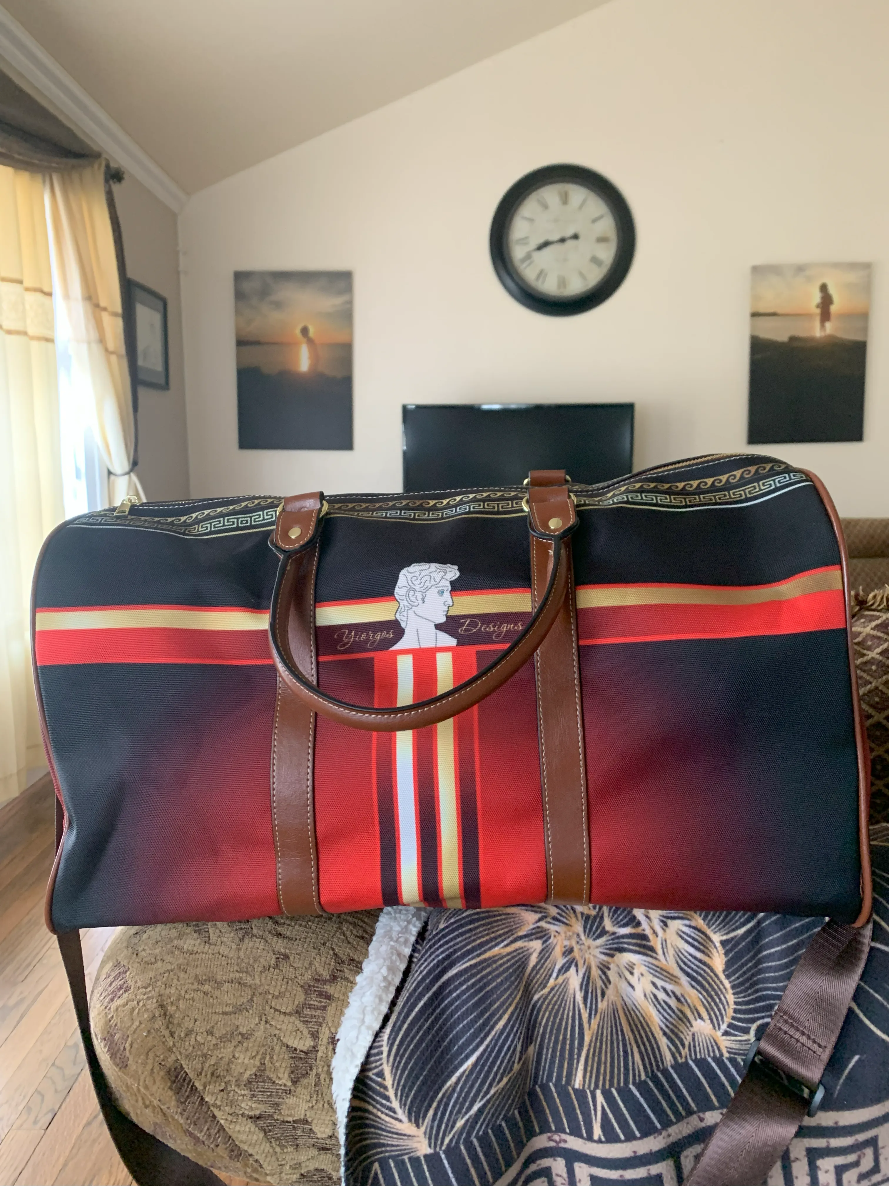 Greek Key Gold Black Medallion Waterproof Travel Bag