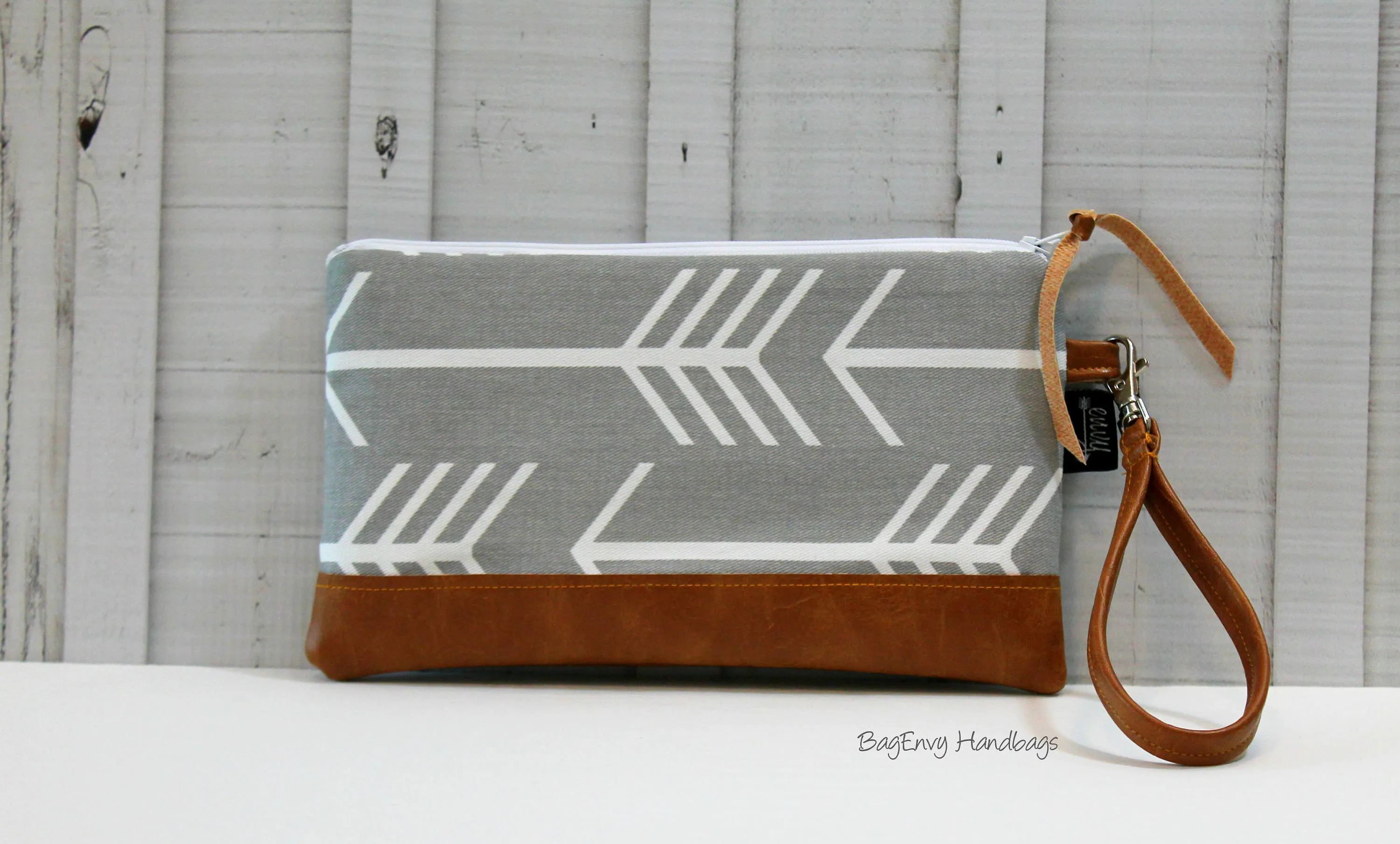 Grey Arrows with Vegan Leather - Zippered Wristlet Clutch /  Bridesmaid Gift- Accessory Make Up Bag -