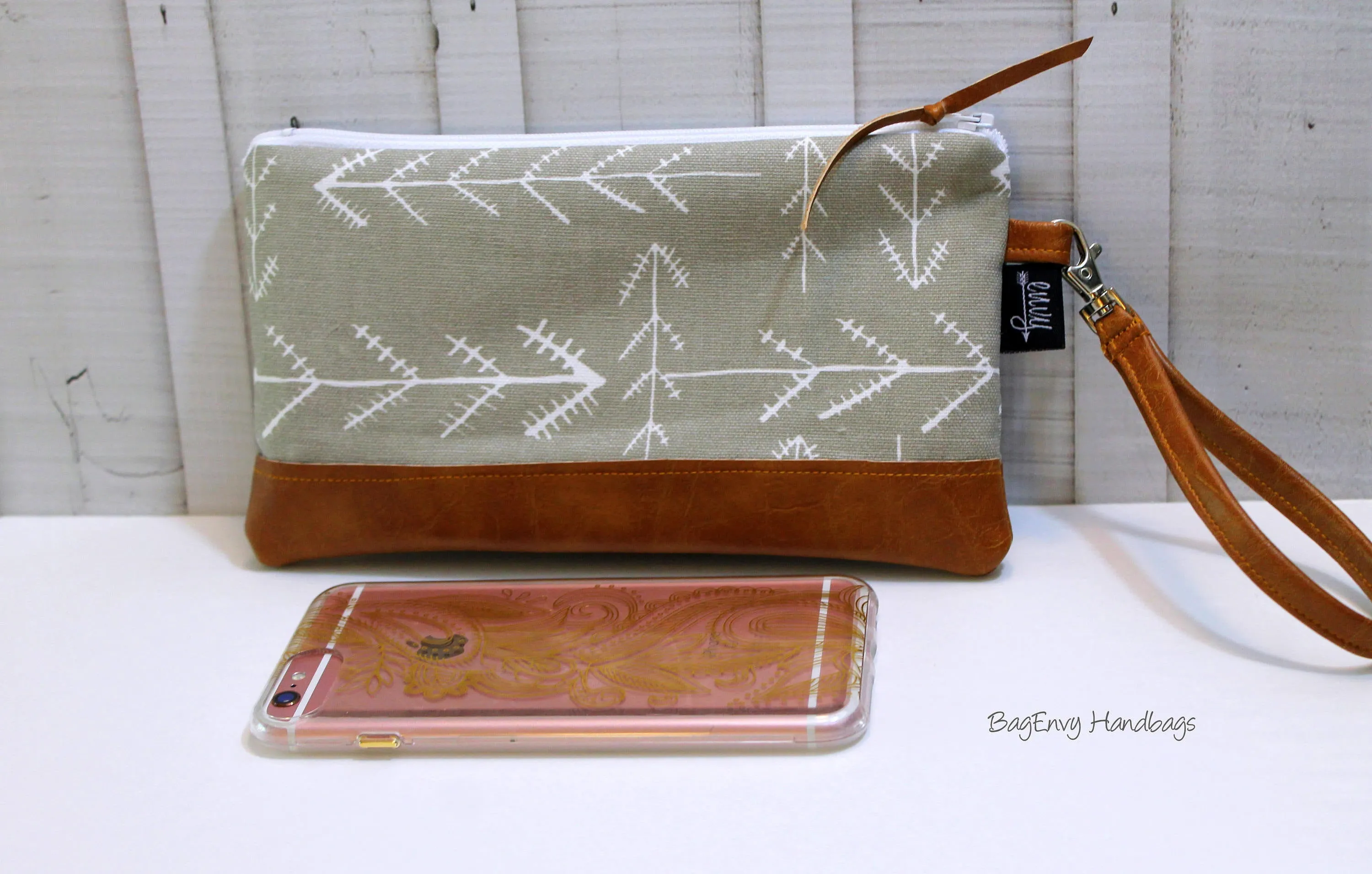 Grey Arrows with Vegan Leather - Zippered Wristlet Clutch /  Bridesmaid Gift- Accessory Make Up Bag -