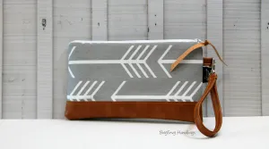 Grey Arrows with Vegan Leather - Zippered Wristlet Clutch /  Bridesmaid Gift- Accessory Make Up Bag -
