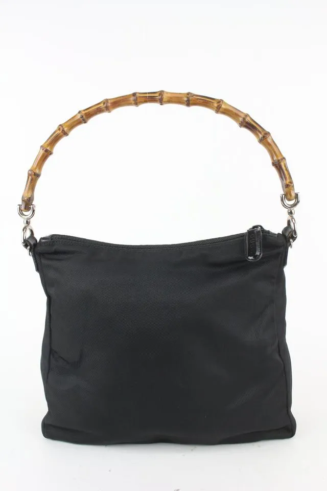 Gucci Black Nylon Bamboo Zip Hobo 913gk25