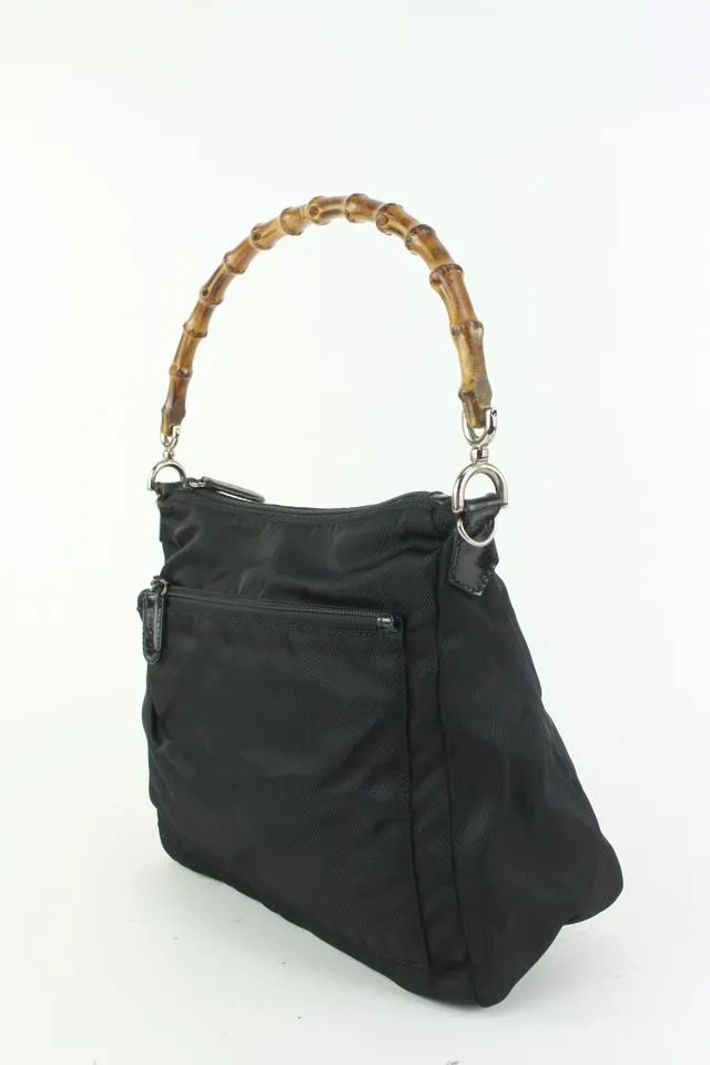Gucci Black Nylon Bamboo Zip Hobo 913gk25