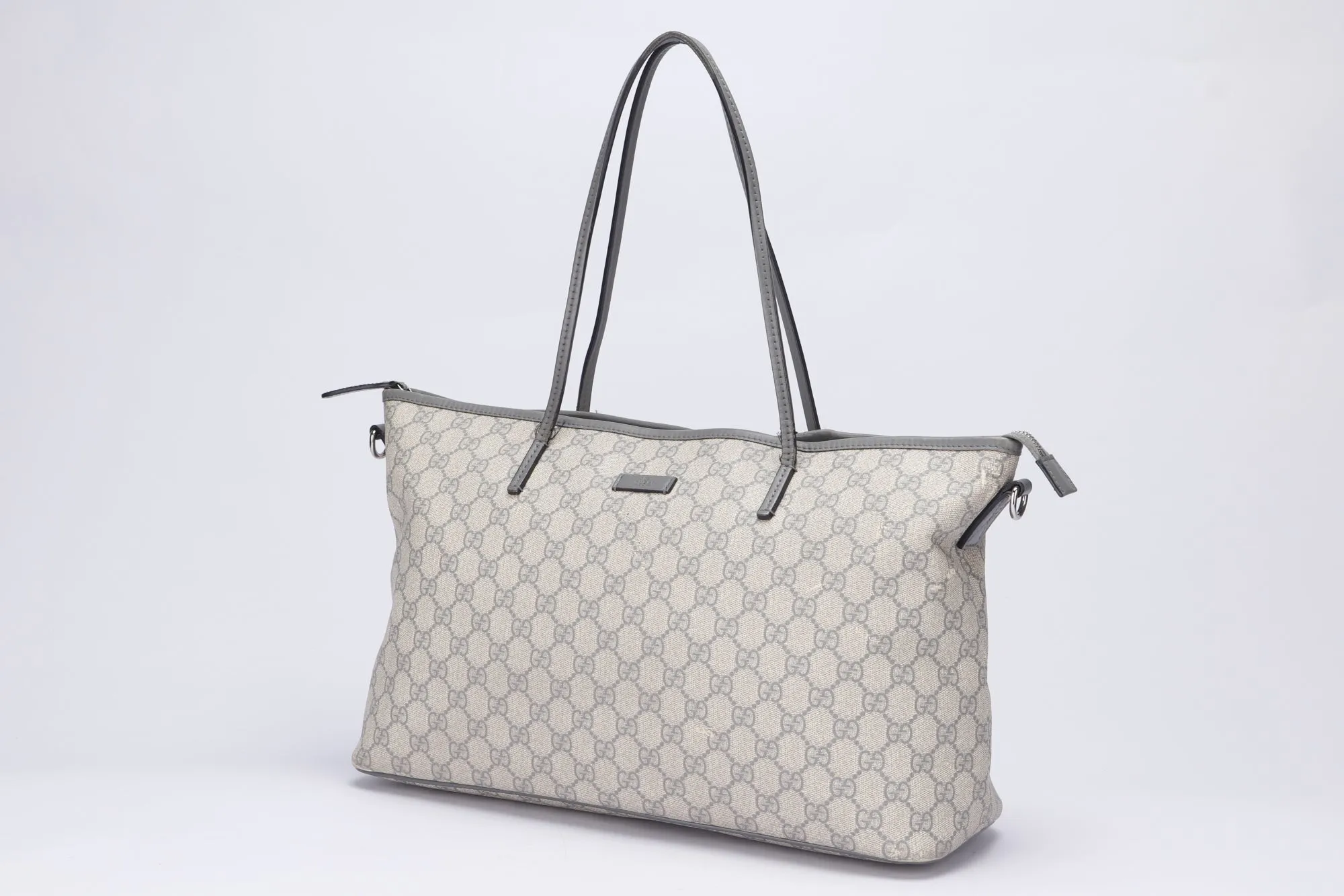 Gucci Light Grey Trim Canvas Shoulder Tote (353437 525040), with Strap & Dust Cover