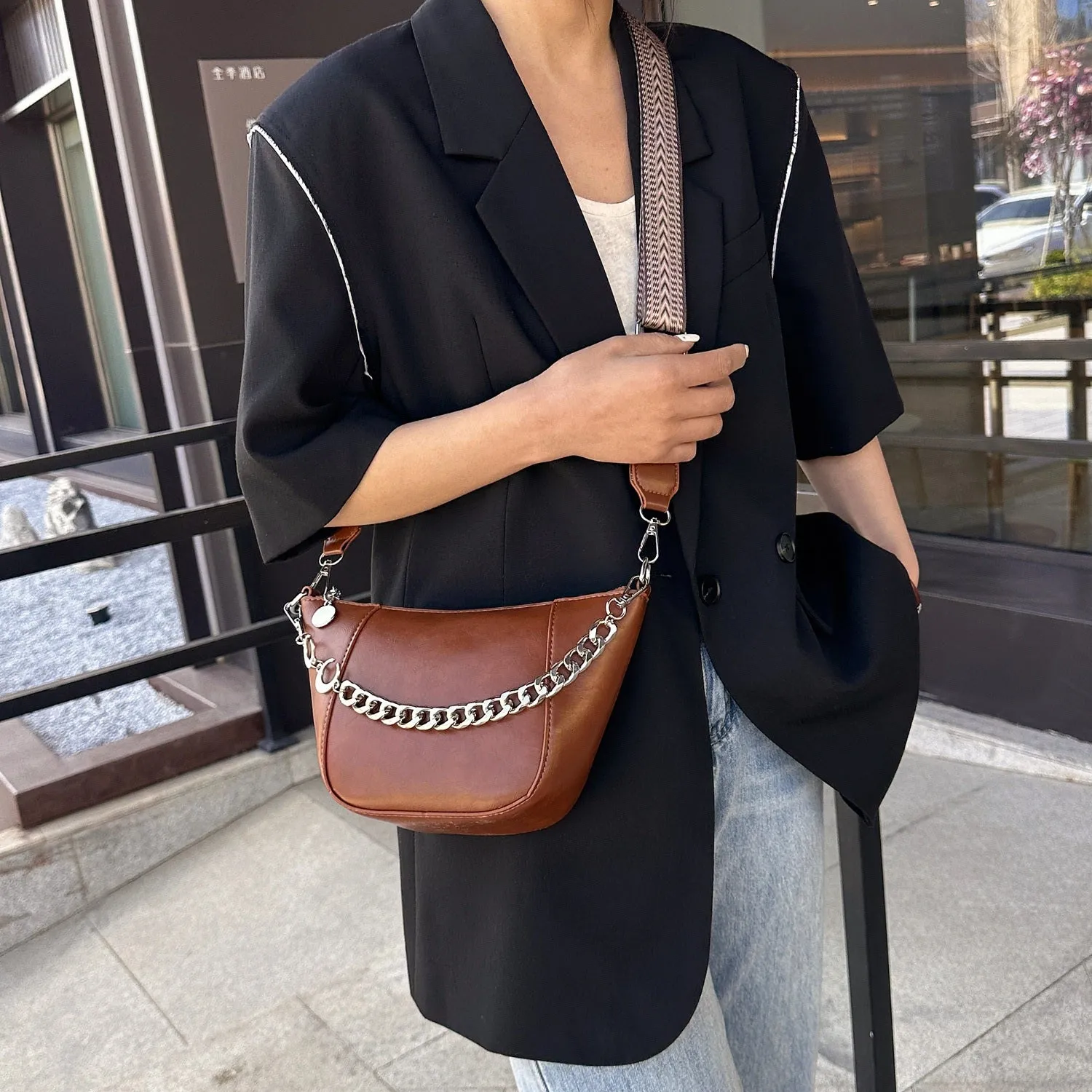 Hazel Blues® |  PU Leather Chain Trim Crossbody Bag