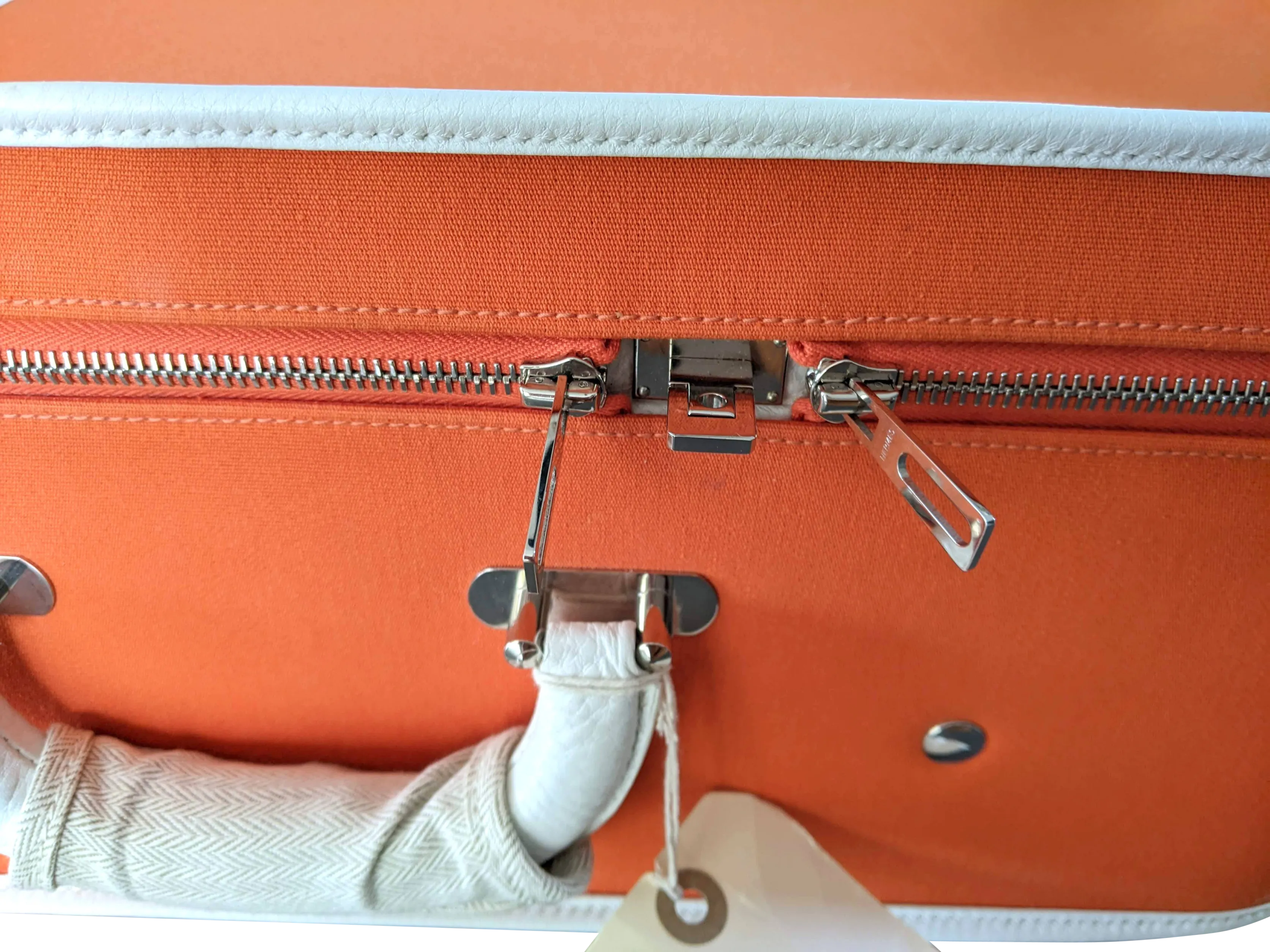 Hermes 2009 Orange/White "Suitcase H" Valise Toile Orange et Cuir Clemence Blanc PHW Rare, New!