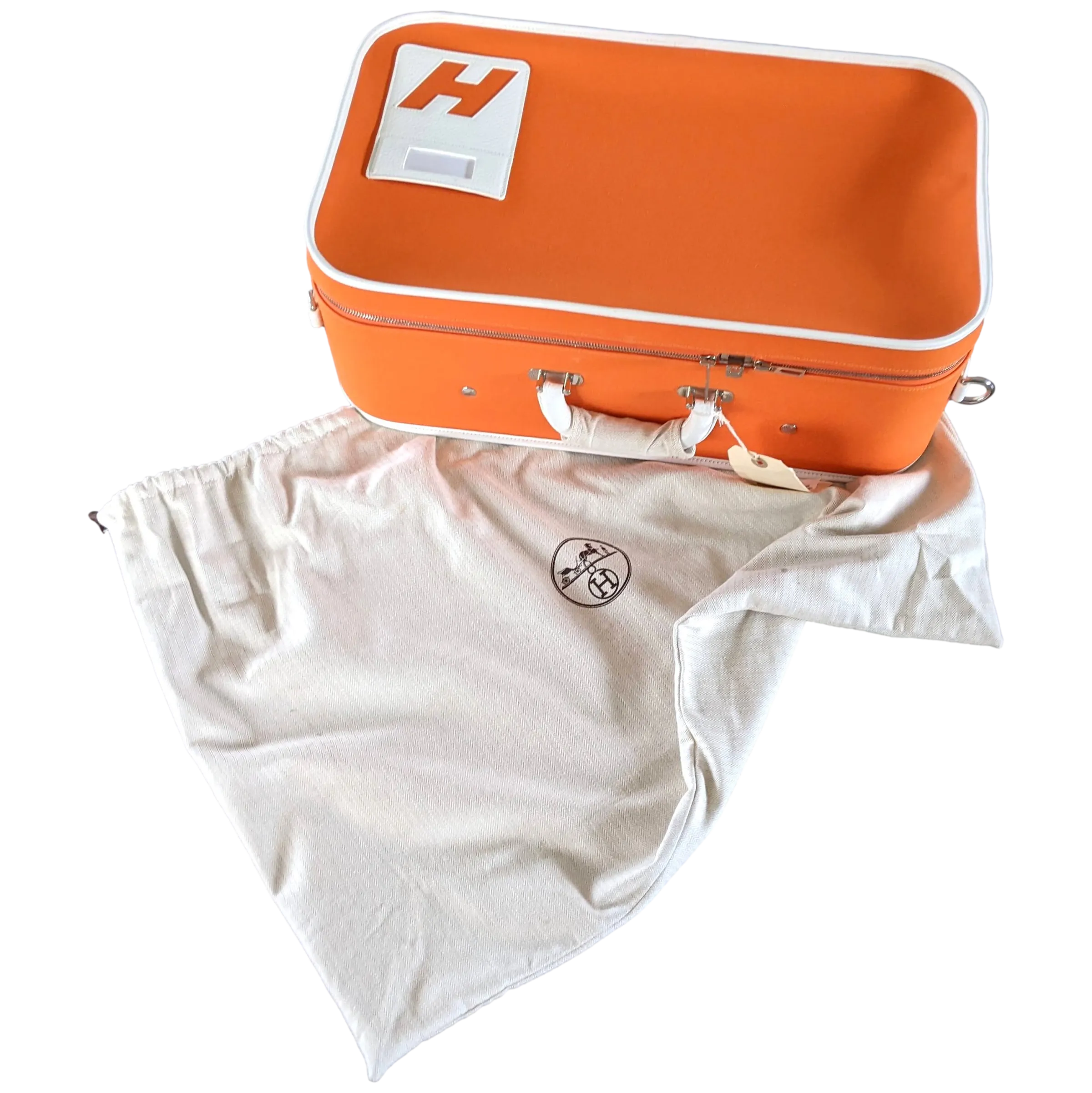 Hermes 2009 Orange/White "Suitcase H" Valise Toile Orange et Cuir Clemence Blanc PHW Rare, New!
