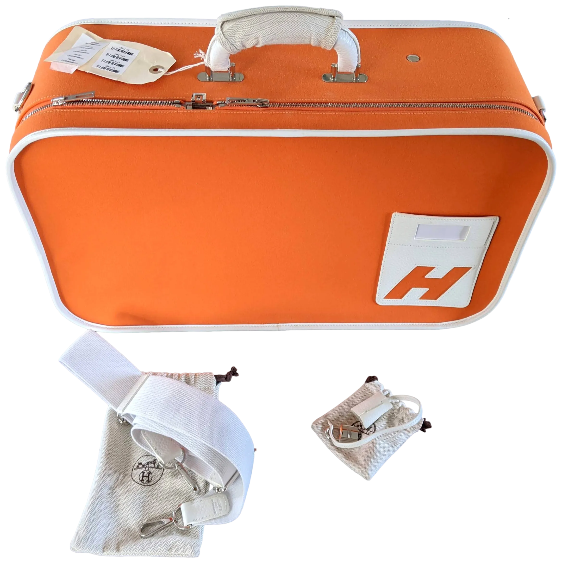 Hermes 2009 Orange/White "Suitcase H" Valise Toile Orange et Cuir Clemence Blanc PHW Rare, New!
