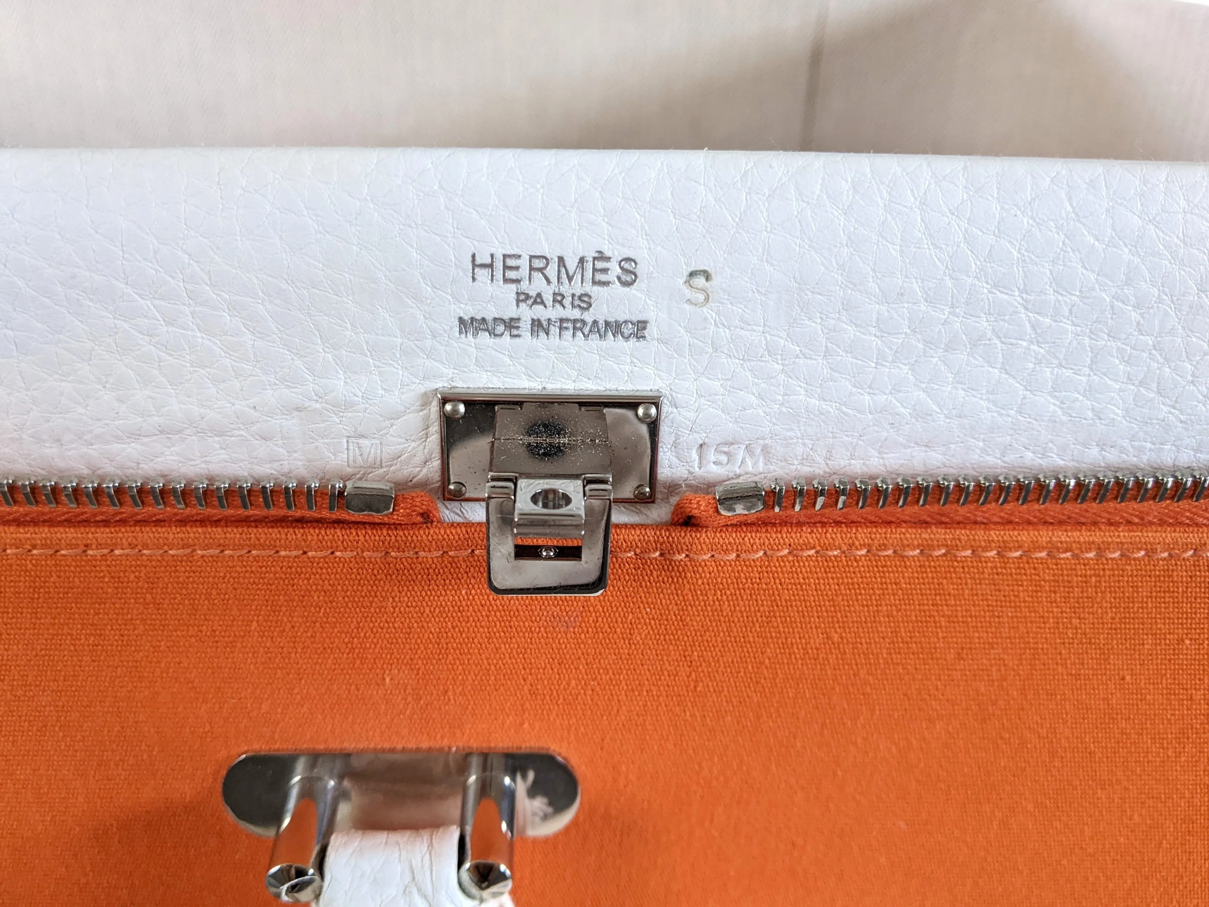 Hermes 2009 Orange/White "Suitcase H" Valise Toile Orange et Cuir Clemence Blanc PHW Rare, New!