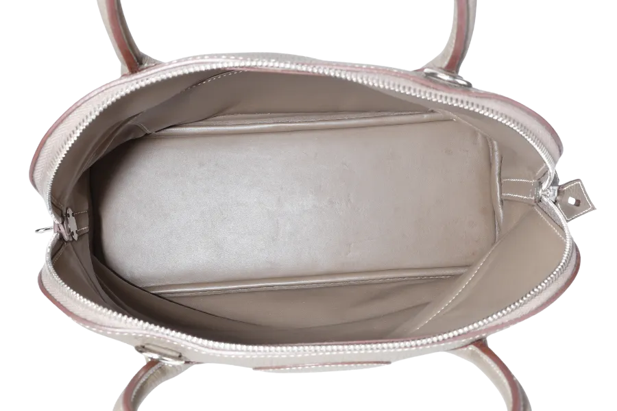 HERMES BOLIDE 31 TAUPE CLEMENCE LEATHER SILVER HARDWARE STAMP A (YEAR 2017) WITH STRAPS, DUST COVER AND BOX