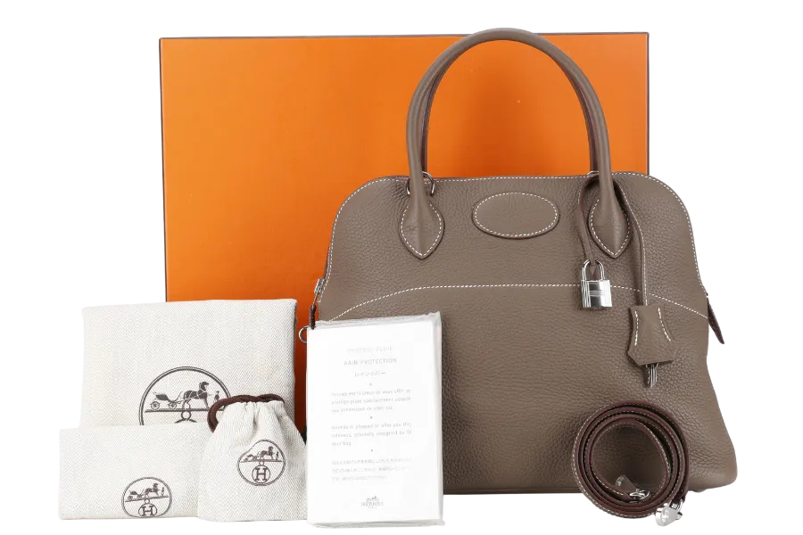 HERMES BOLIDE 31 TAUPE CLEMENCE LEATHER SILVER HARDWARE STAMP A (YEAR 2017) WITH STRAPS, DUST COVER AND BOX