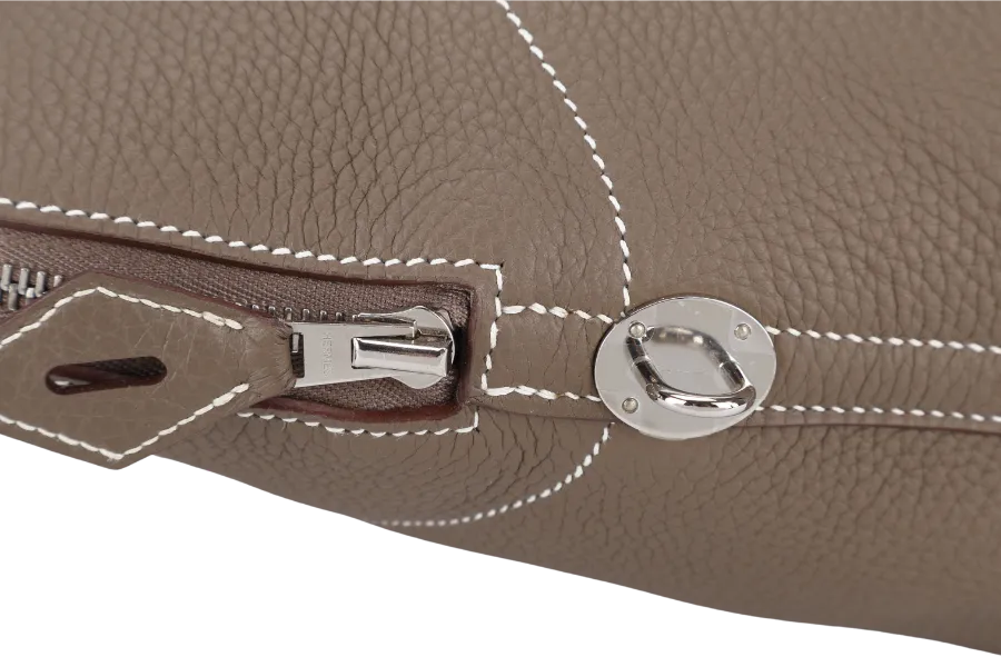 HERMES BOLIDE 31 TAUPE CLEMENCE LEATHER SILVER HARDWARE STAMP A (YEAR 2017) WITH STRAPS, DUST COVER AND BOX
