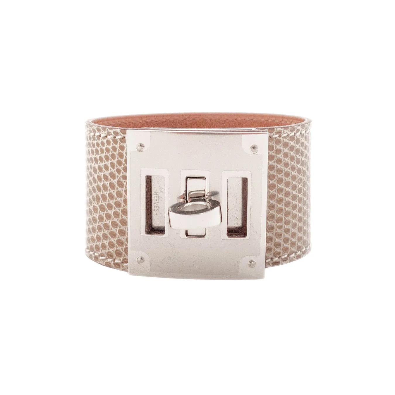Hermes Ficelle Beige Lizard Kelly Dog Palladium Leather Cuff Bracelet
