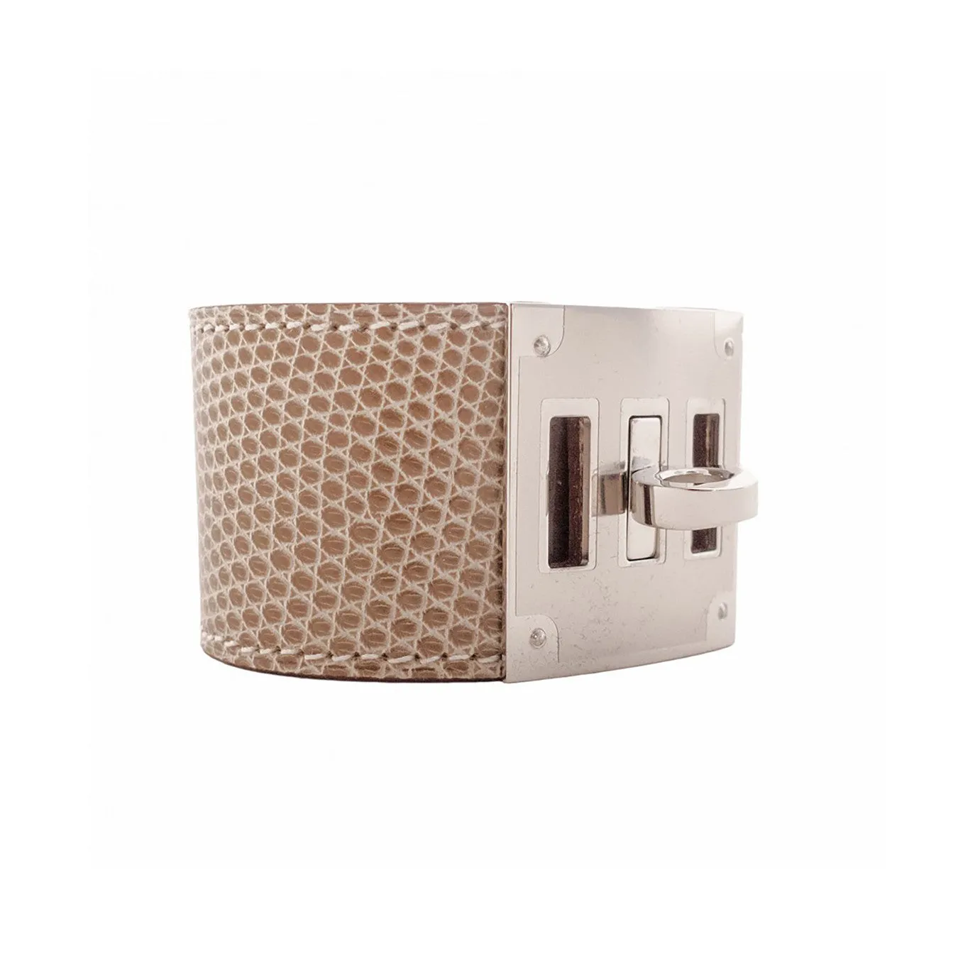 Hermes Ficelle Beige Lizard Kelly Dog Palladium Leather Cuff Bracelet