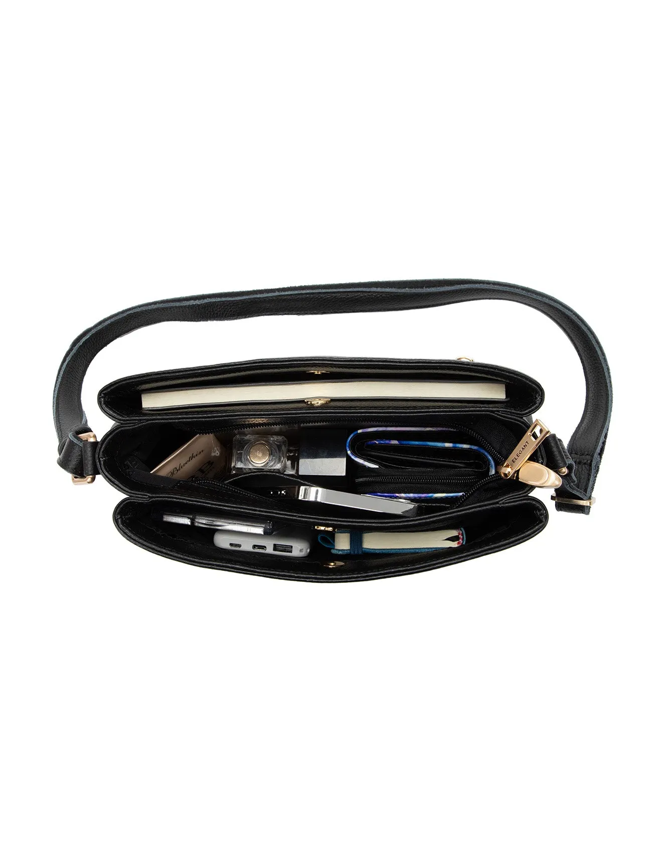 HUNTER TRIPLE COMPARTMENT LEATHER XBODY BAG- E1-0837-BLK