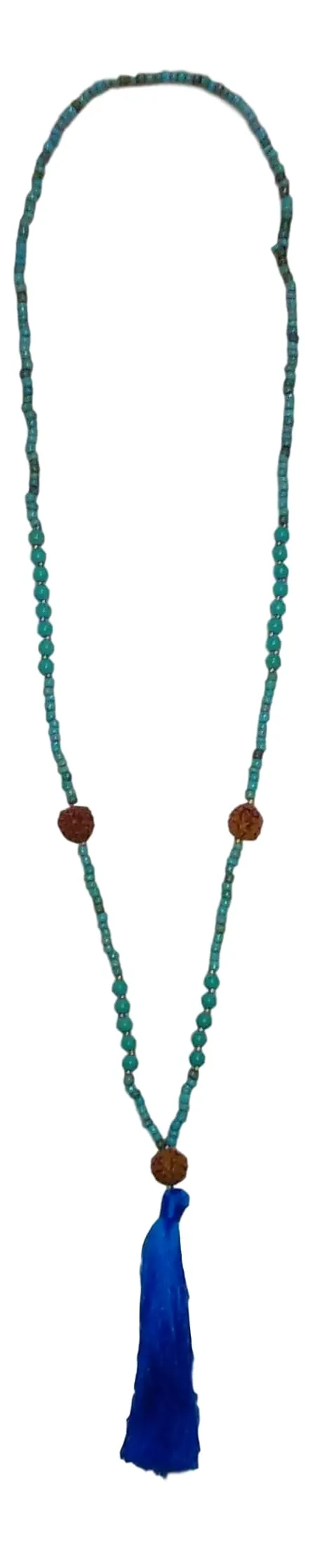 Jewelry - Long Mala Necklace with Turq Beads and Turq Tassel