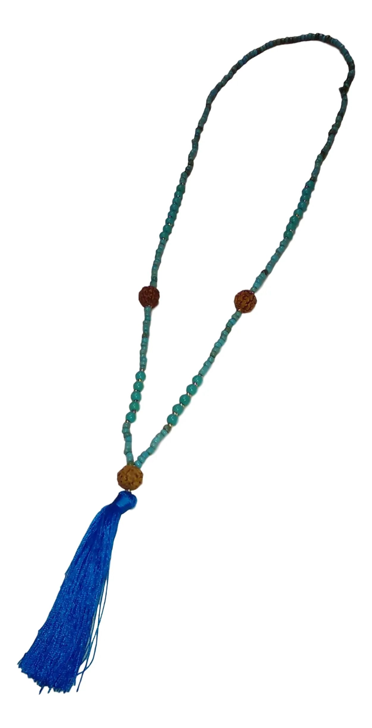 Jewelry - Long Mala Necklace with Turq Beads and Turq Tassel