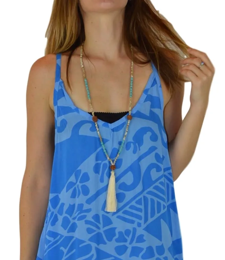 Jewelry - Long Mala Necklace with Turq Beads and Turq Tassel