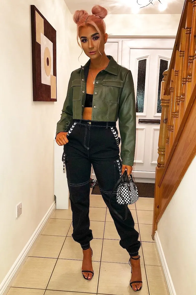 Khaki Faux Leather Contrast Stitch Trucker Jacket- Laianna