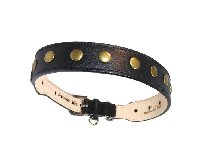Kobe Wider Leather Dog Collar with Antique Brass Studs