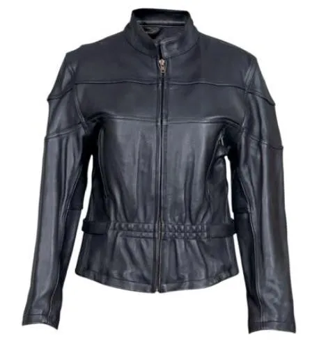Ladies Black Leather Vented Antique Brass Hardware Motorcycle Jacket