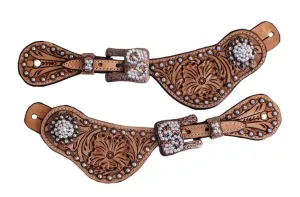 Ladies Floral Tooled Spur Straps With Crystal Rinestones