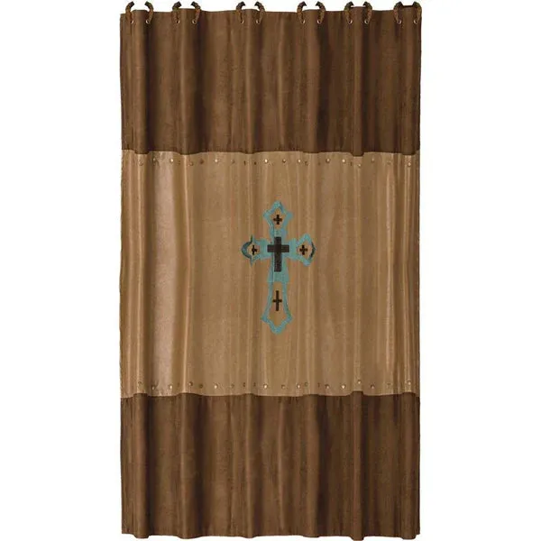 Las Cruces Shower Curtain, Faux Leather w/ Turquoise Cross