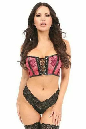 Lavish Hot Pink Fishnet & Faux Leather Lace-Up Short Bustier Top