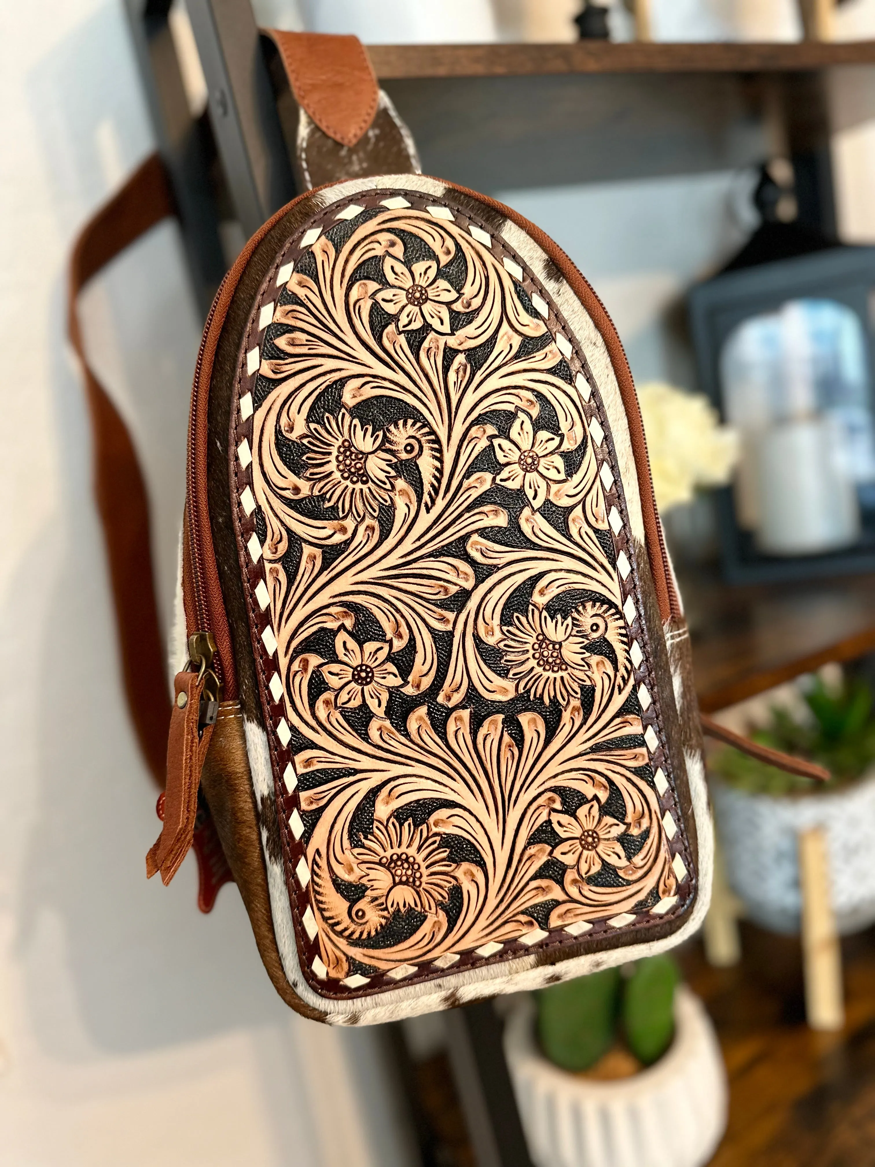 Leather Tooled and Cowhide Western Sling Bag