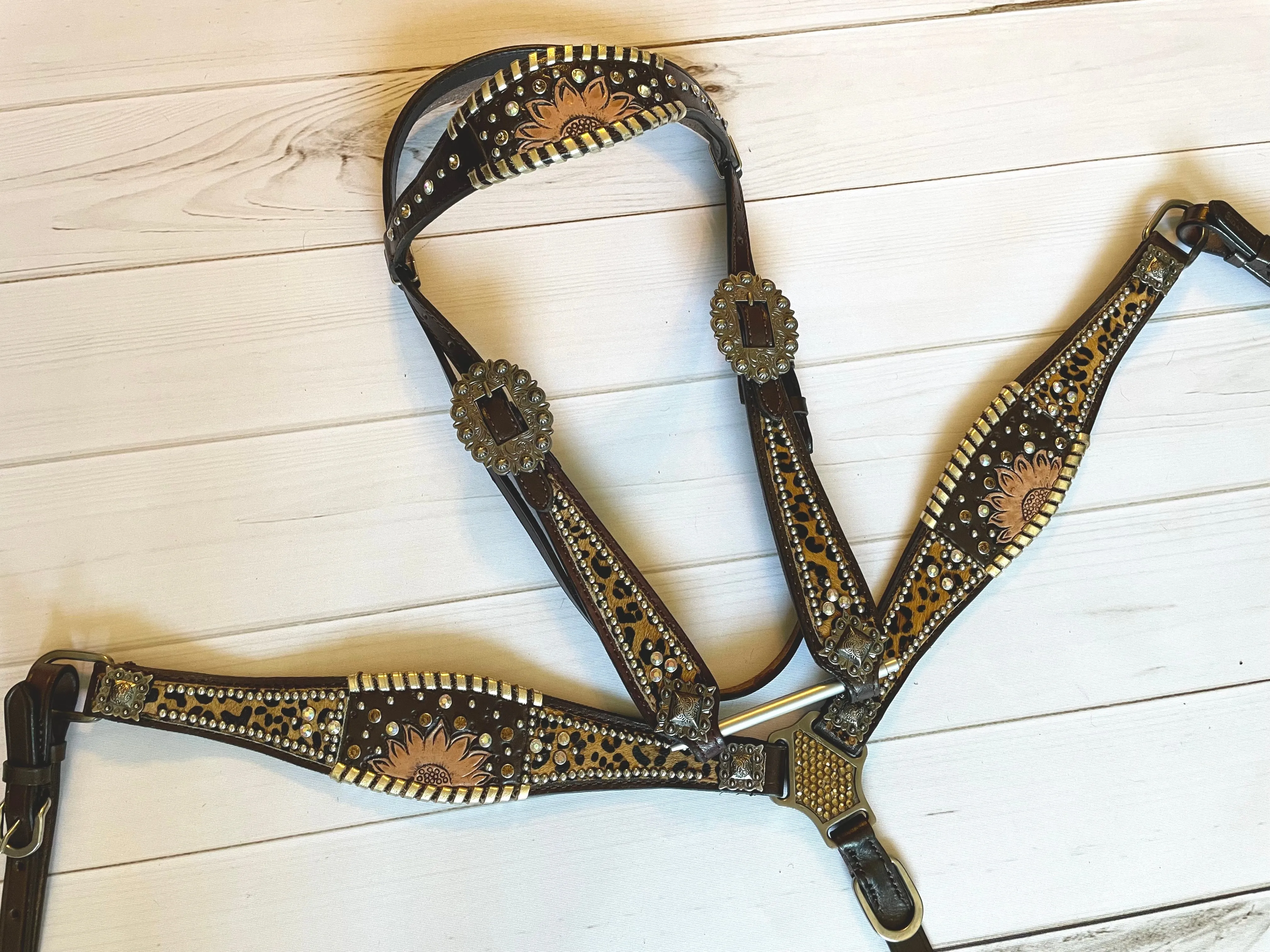 Leopard Dark Brown Whipstitch Sunflower Tack Set