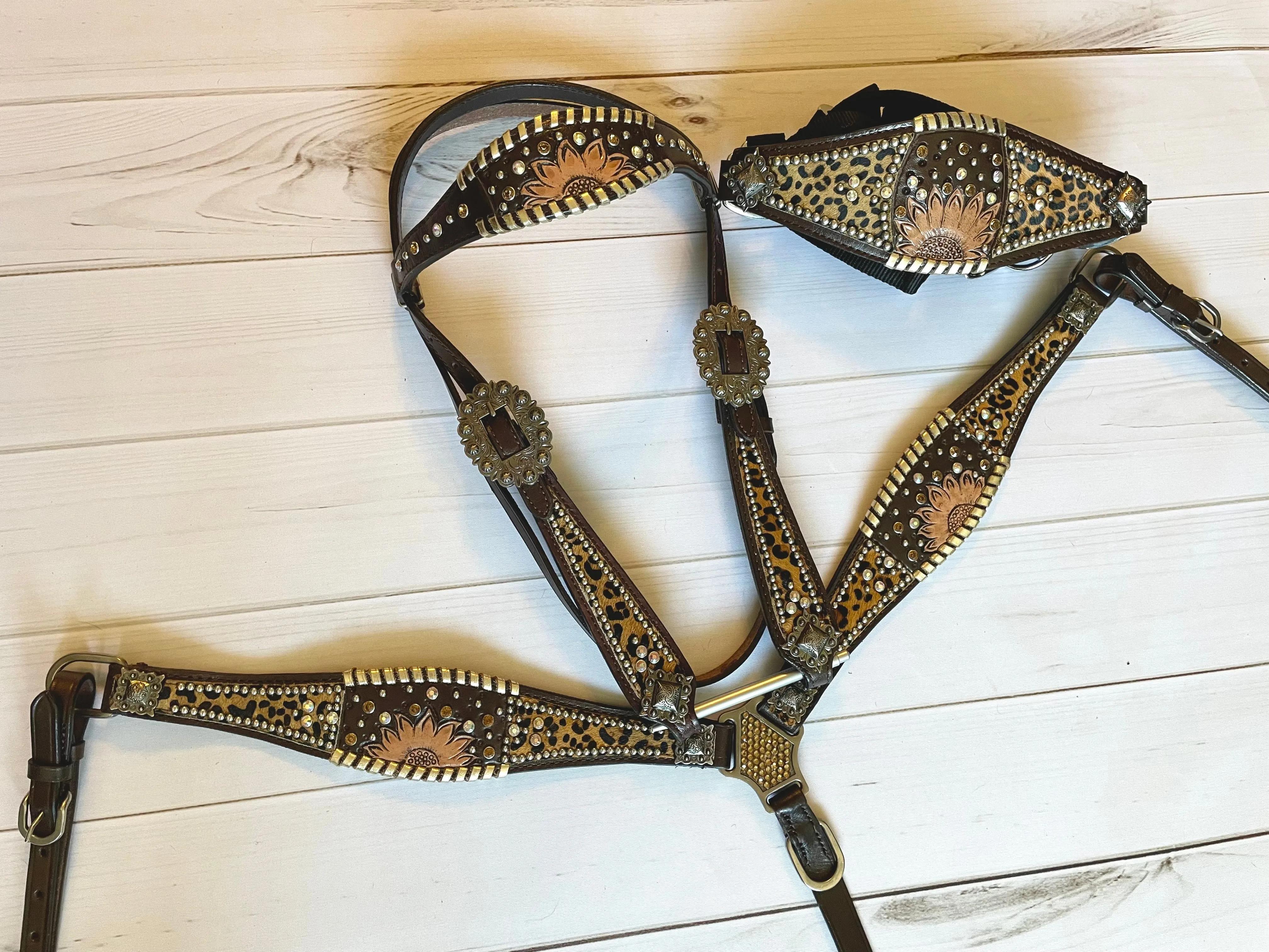 Leopard Dark Brown Whipstitch Sunflower Tack Set