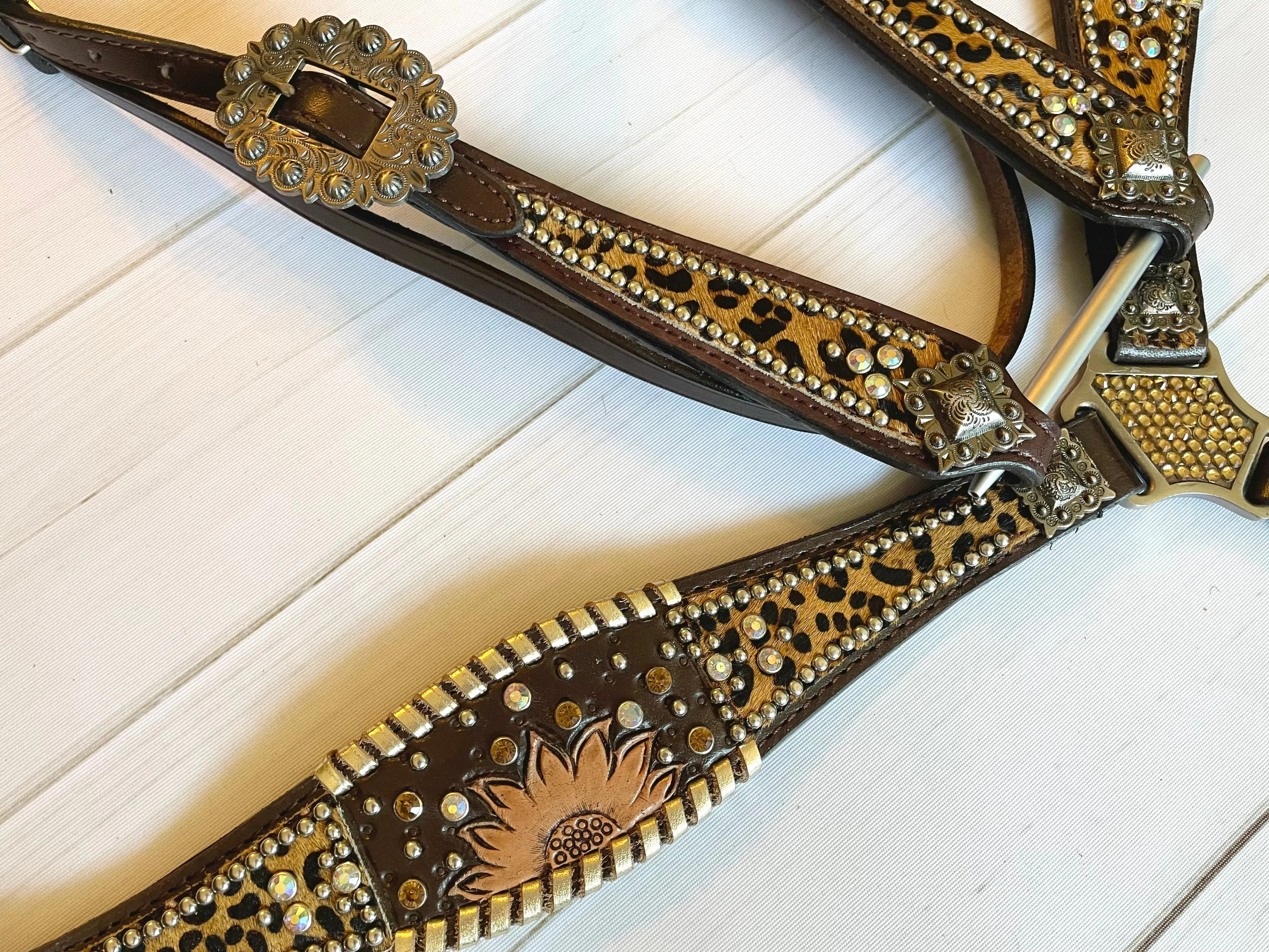 Leopard Dark Brown Whipstitch Sunflower Tack Set
