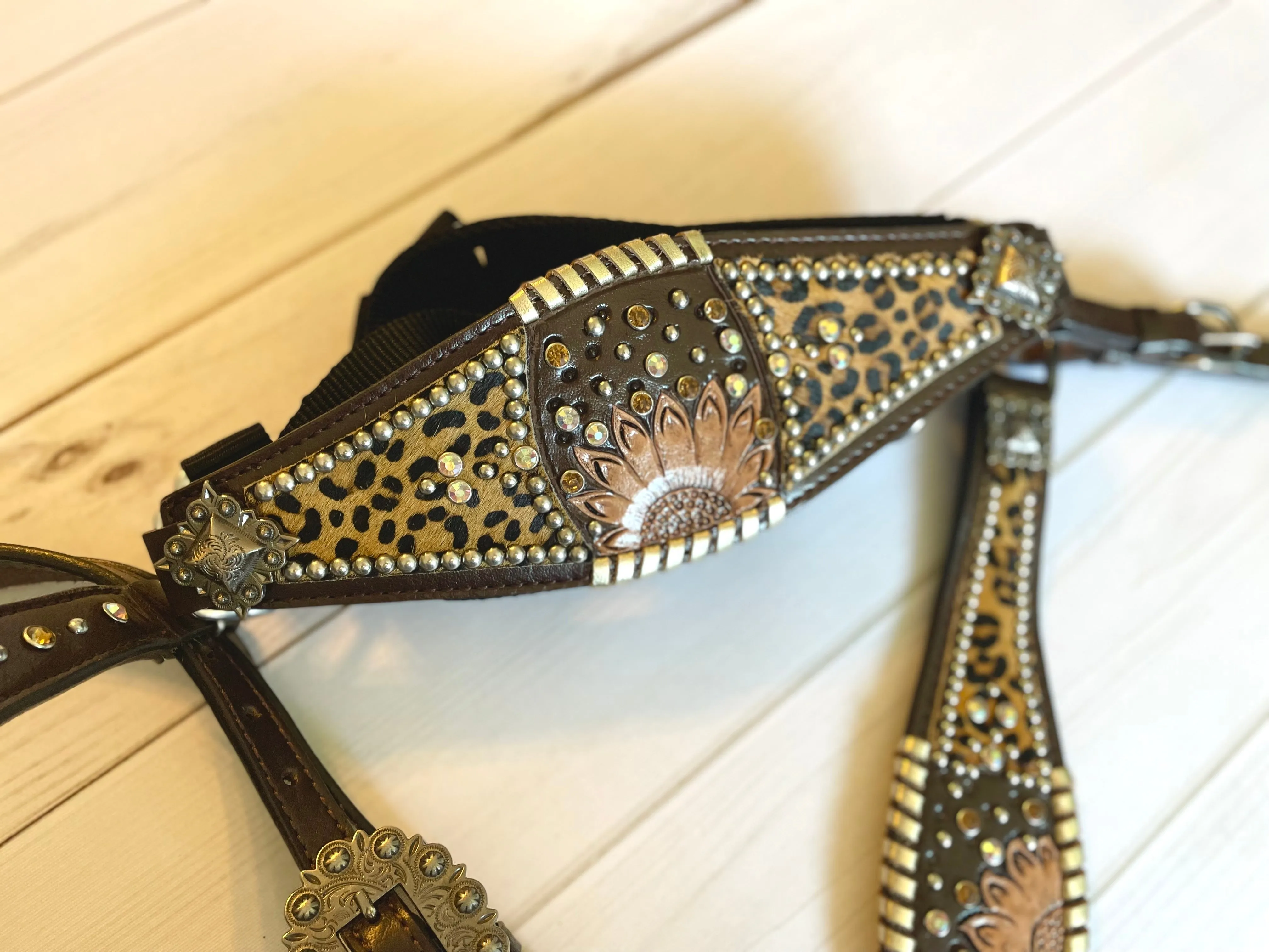Leopard Dark Brown Whipstitch Sunflower Tack Set