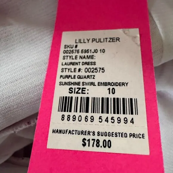 Lilly Pulitzer Embroidered Laurent Dress Purple Quartz Swirl Size 10 New $178