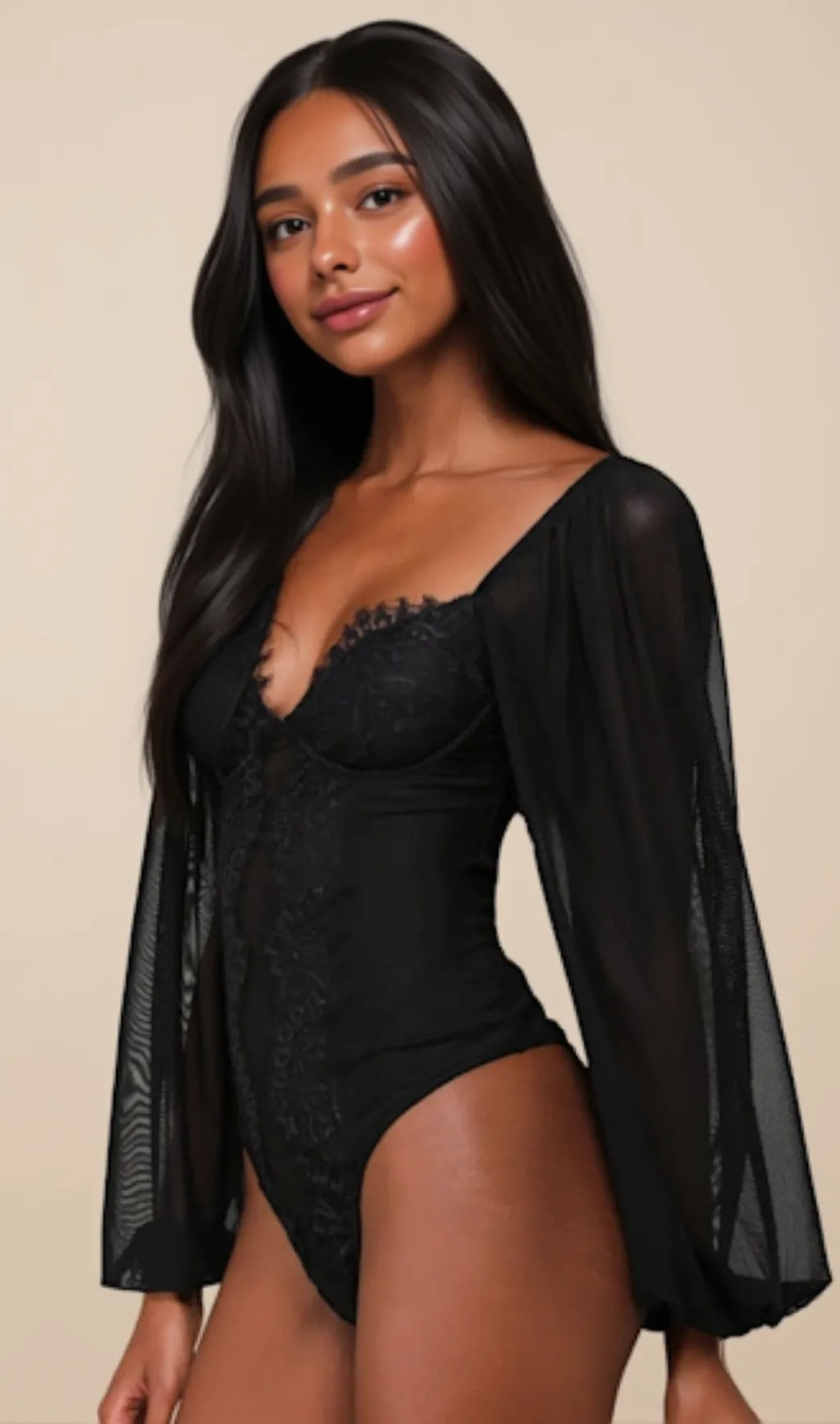 Long Sleeve Lace Bustier Bodysuit in black