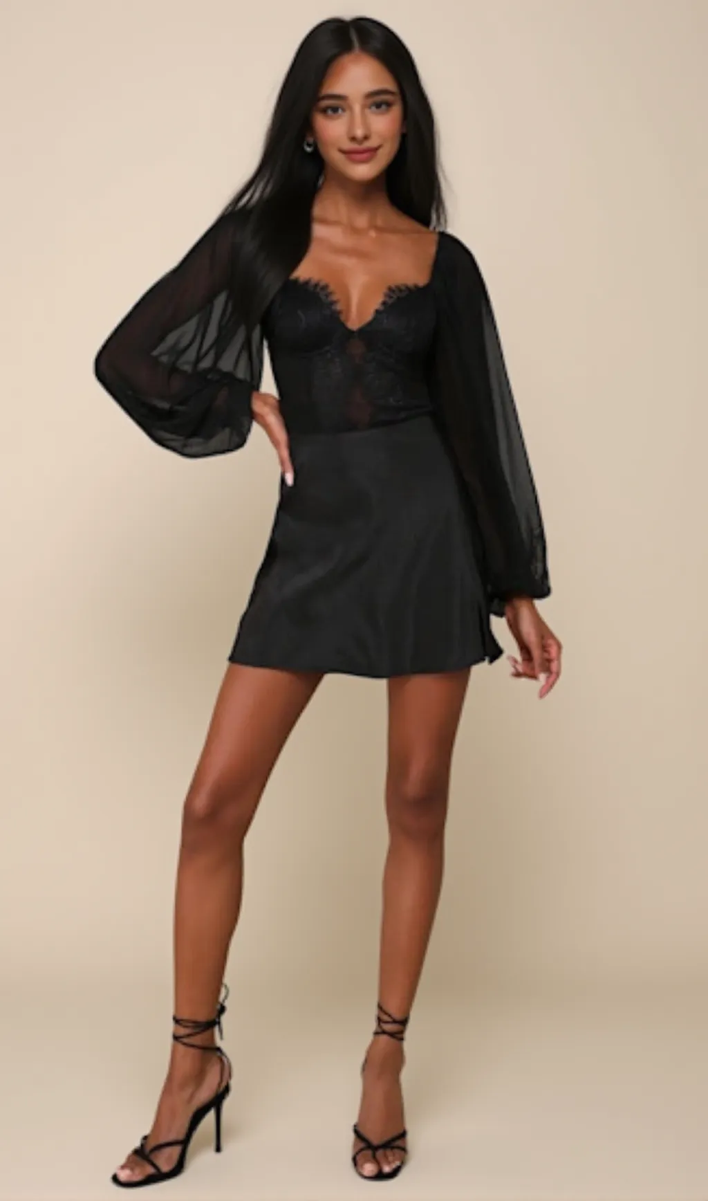 Long Sleeve Lace Bustier Bodysuit in black