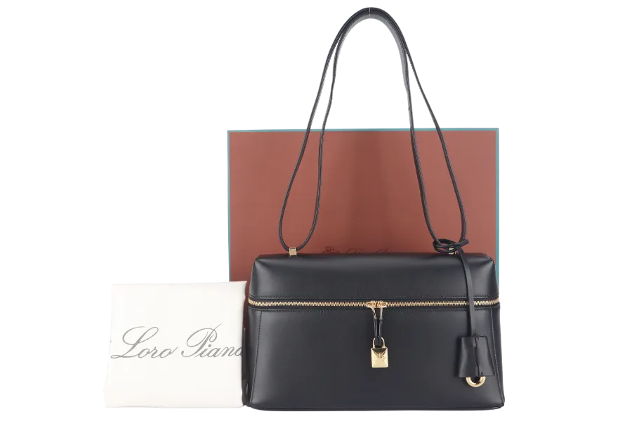 LORO PIANA EXTRA BAG L27 BLACK SMOOTH CALFSKIN GOLD HARDWARE WITH DUST COVER AND BOX