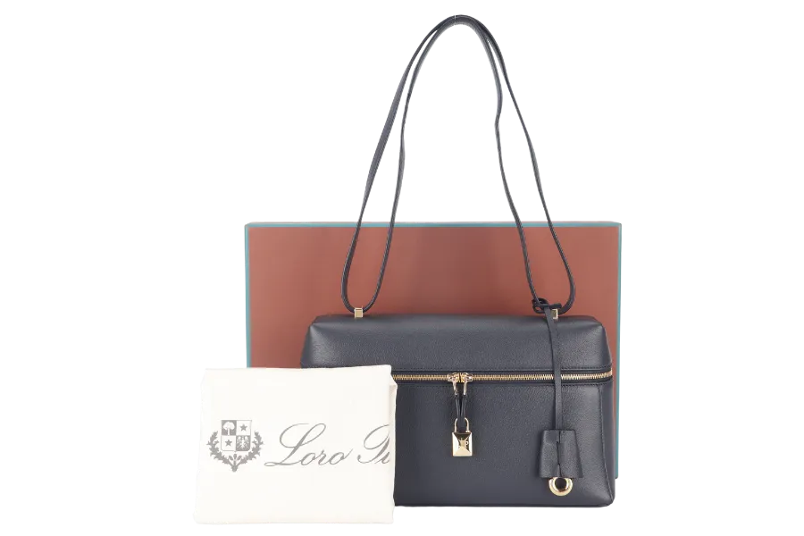 LORO PIANA L27 NAVY BLUE GRAINED CALFSKIN GOLD HARDWARE WITH DUST COVER, LOCK AND BOX