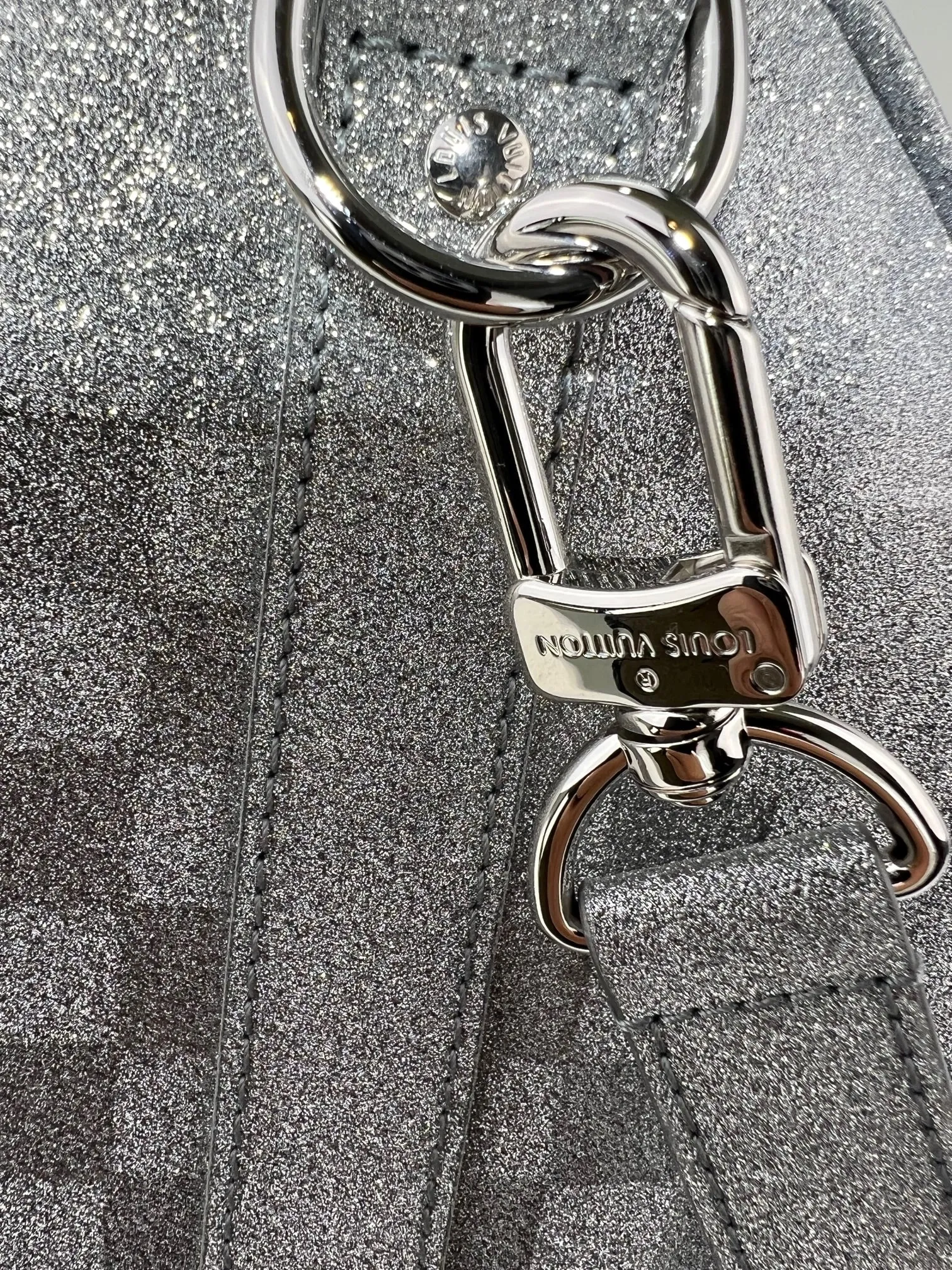 Louis Vuitton Keepall Bandoulière 50B Silver Glitter Damier Pattern Duffle Bag Preowned