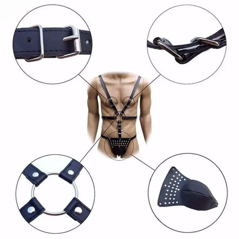 Male Body Bondage PU Leather Adjustable BDSM Chest Harness With Cock Cage Fetish Slave Bondage Restraint