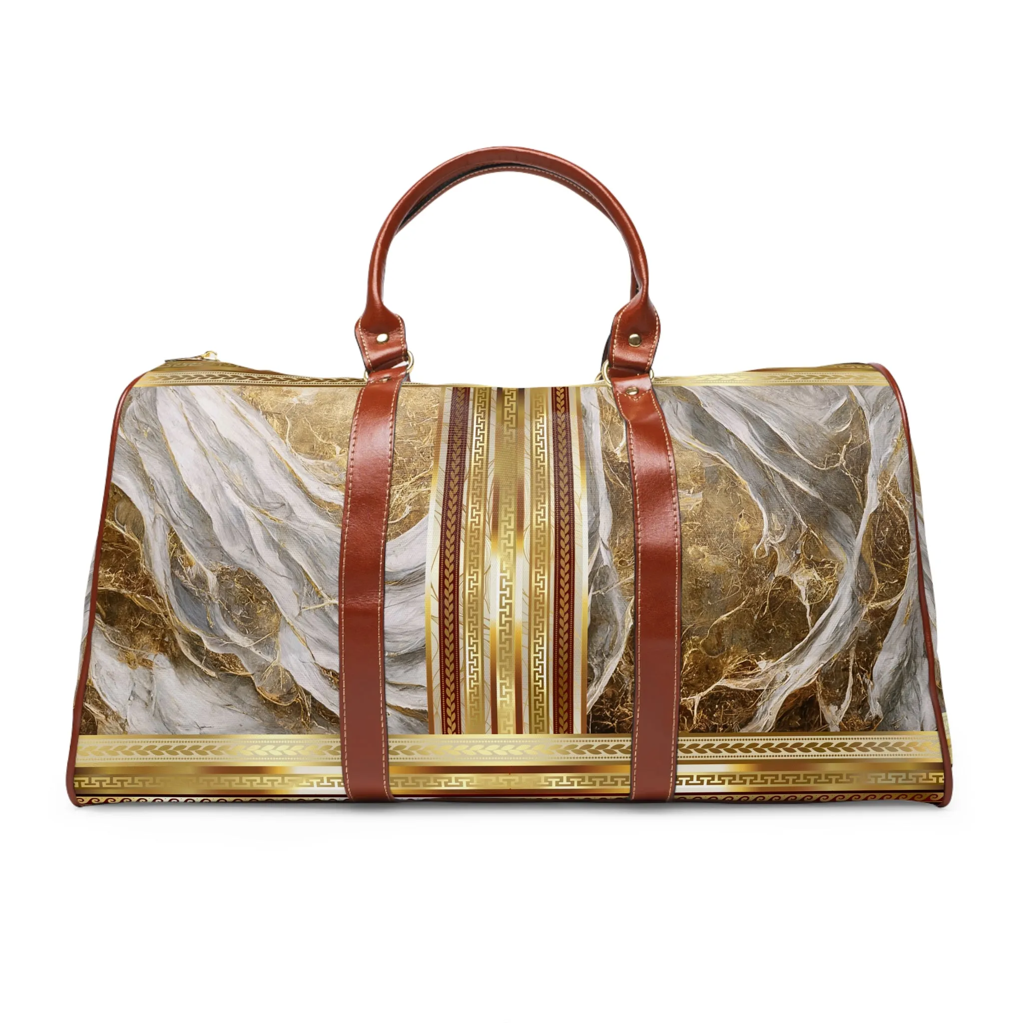 Marbleized Gold White Maroon Greek Keys Waterproof Travel Bag