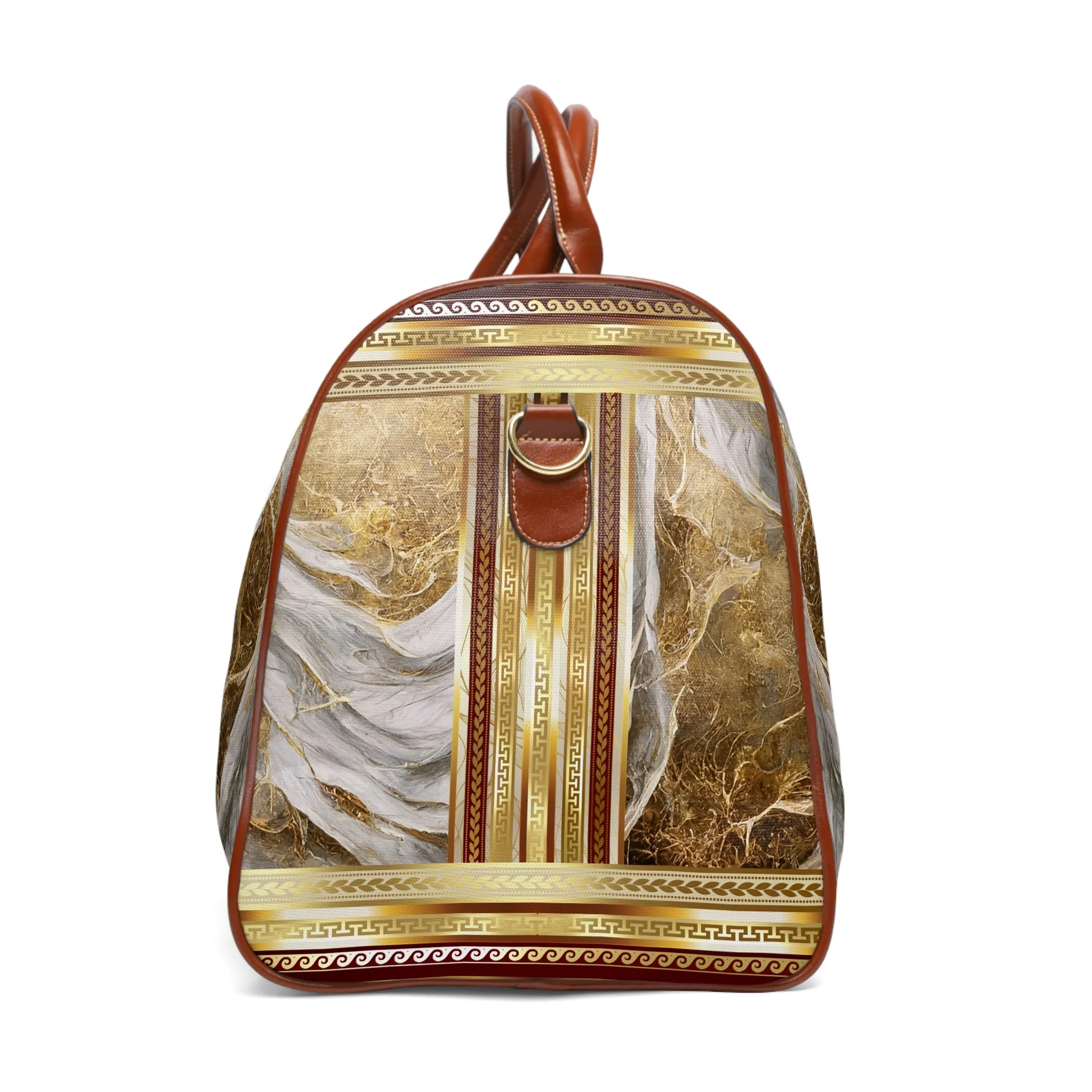 Marbleized Gold White Maroon Greek Keys Waterproof Travel Bag