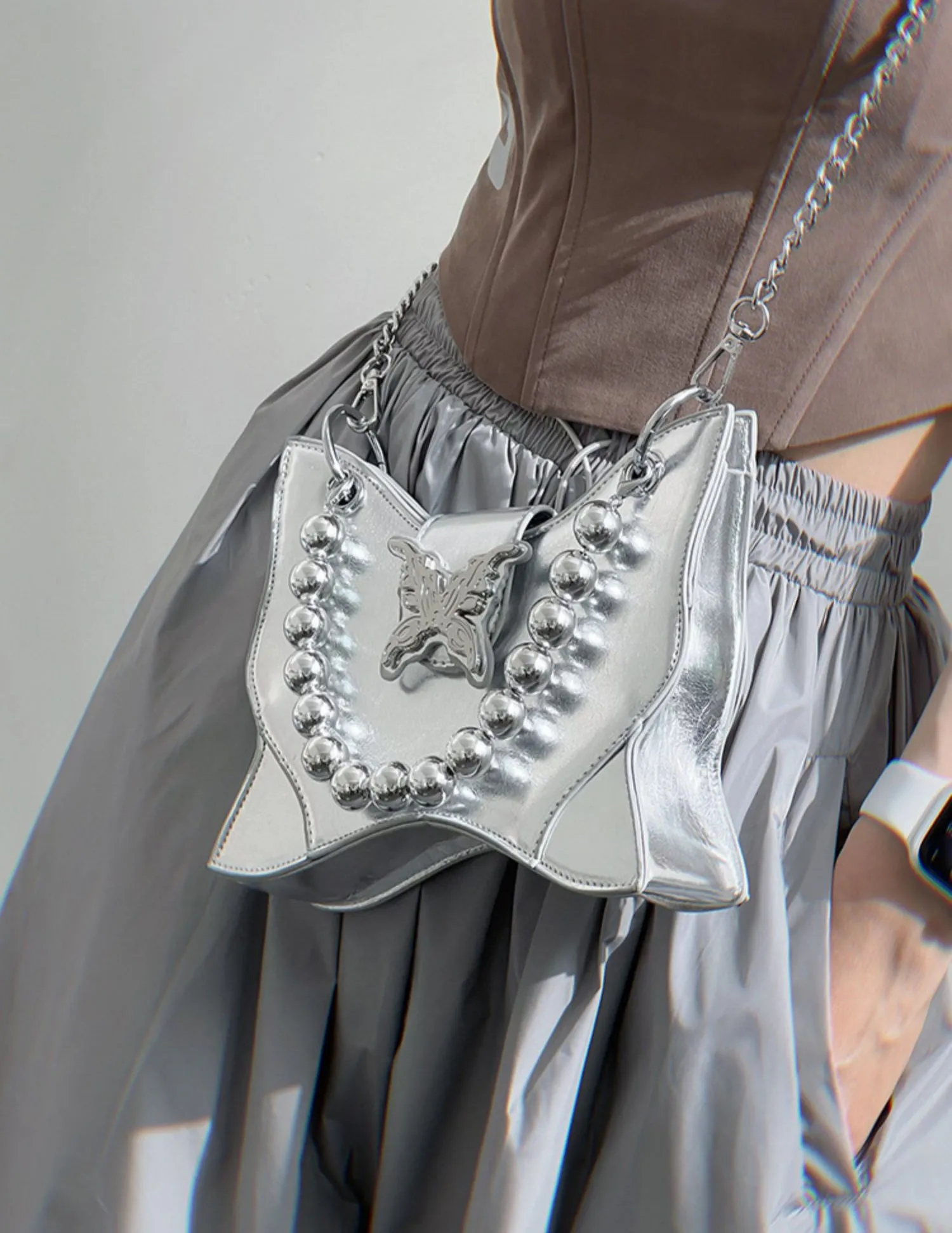 Mariposa Silver Butterfly Wings Shaped PU Leather Solid Color Textured Wide Shoulder Bag Handbag