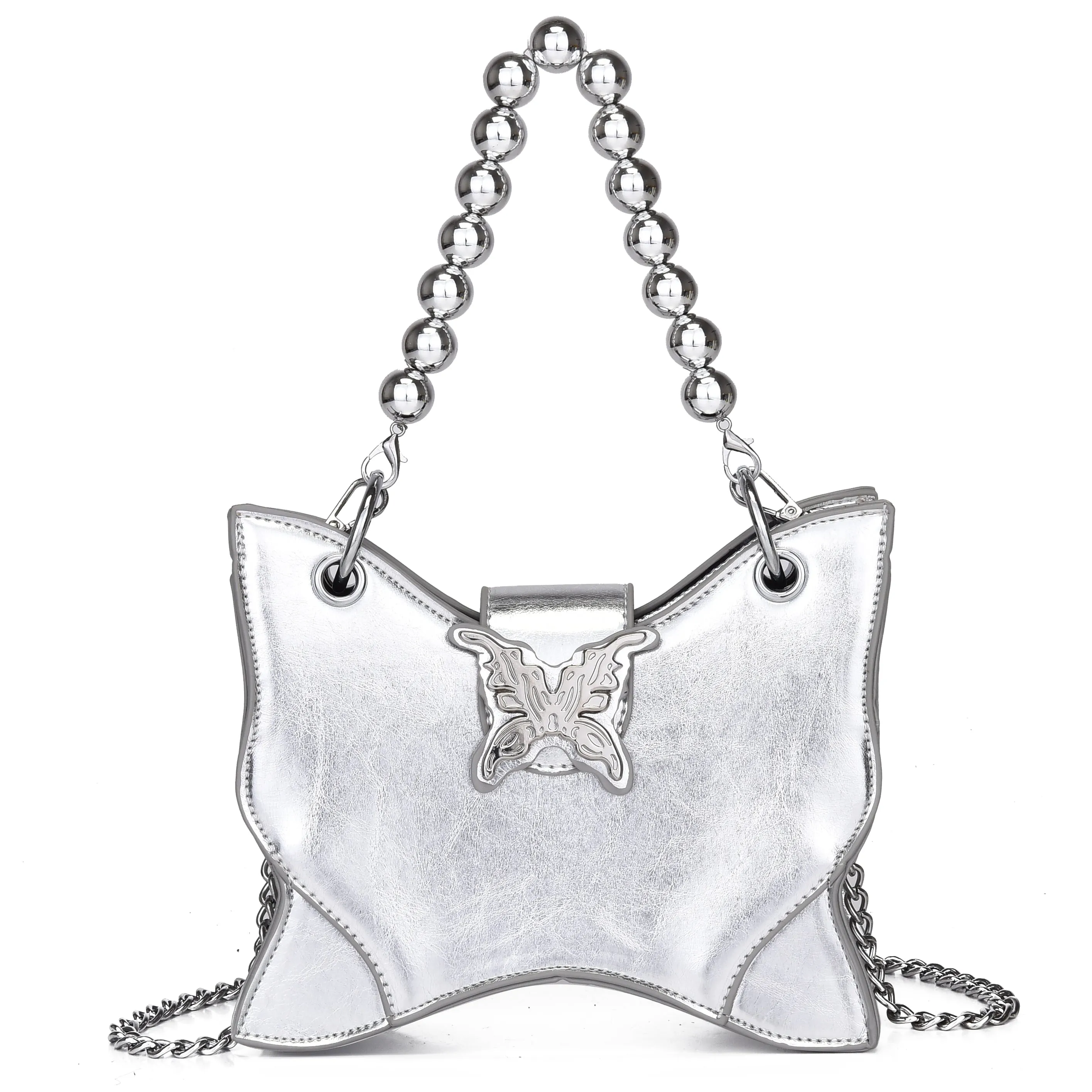 Mariposa Silver Butterfly Wings Shaped PU Leather Solid Color Textured Wide Shoulder Bag Handbag