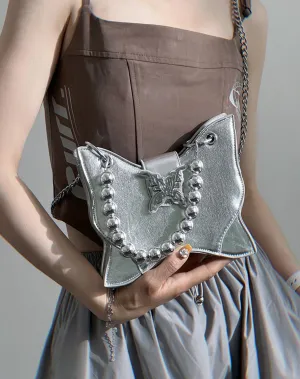 Mariposa Silver Butterfly Wings Shaped PU Leather Solid Color Textured Wide Shoulder Bag Handbag