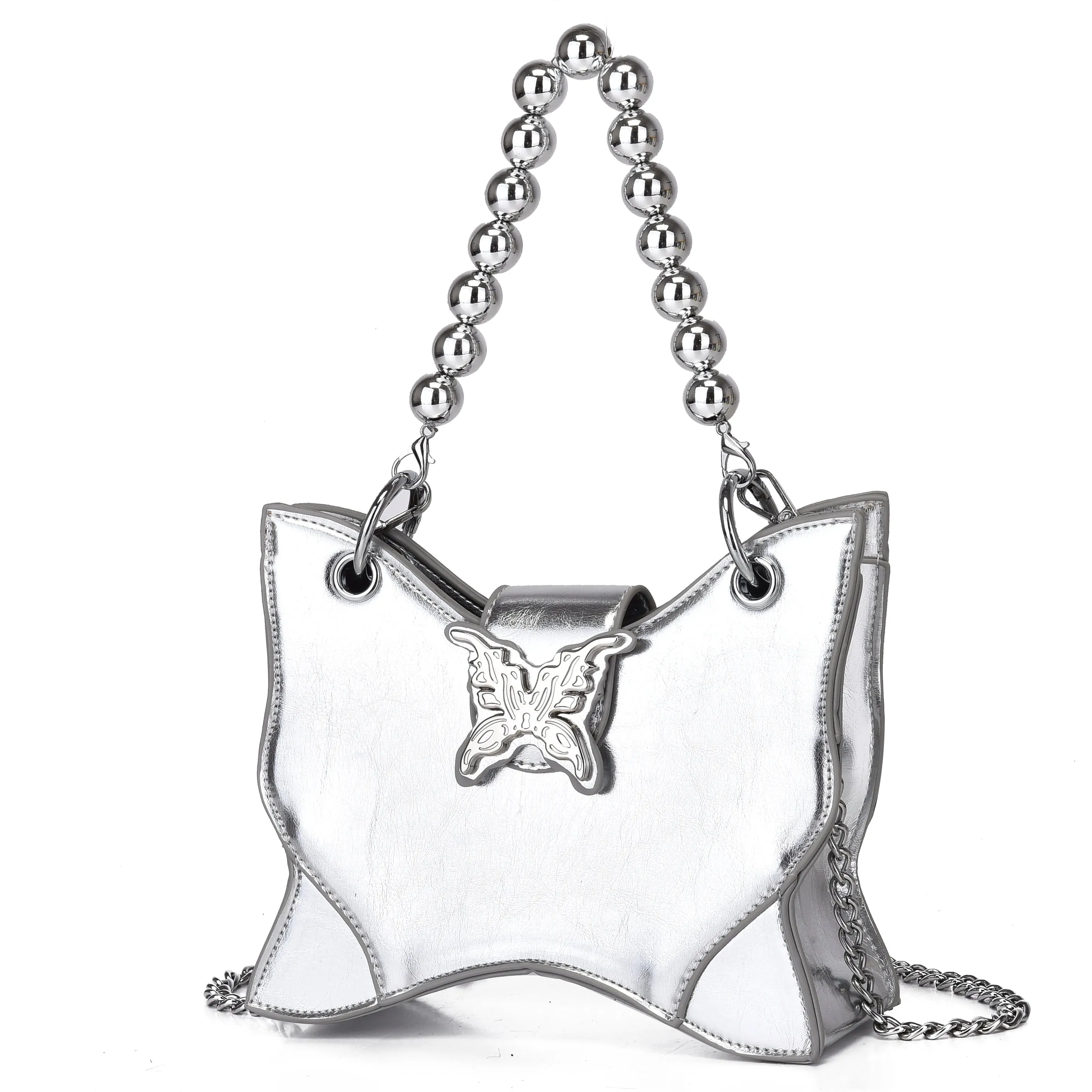 Mariposa Silver Butterfly Wings Shaped PU Leather Solid Color Textured Wide Shoulder Bag Handbag