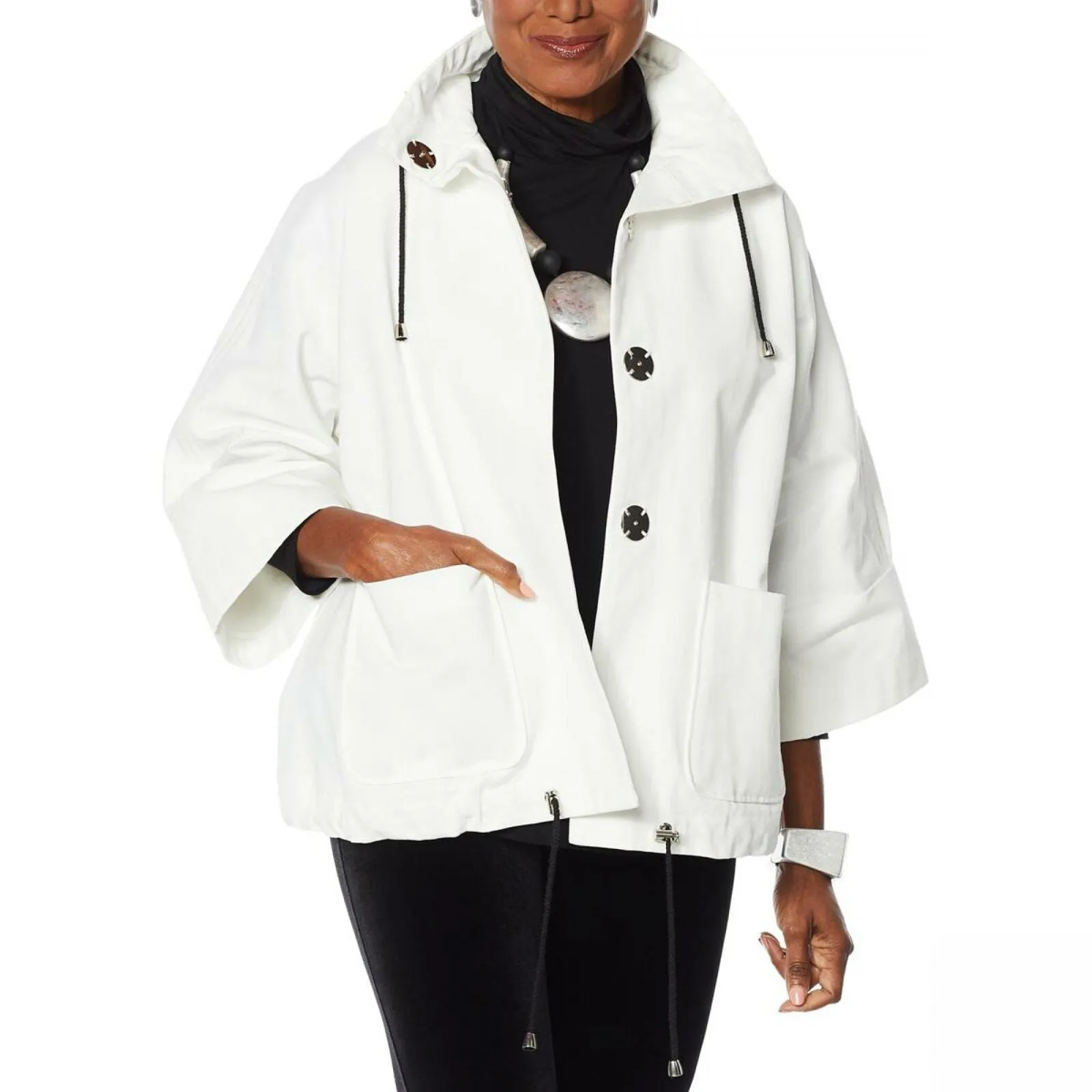 MarlaWynne Canvas Drama Snap Front Jacket With Pockets Soft White Plus 3X