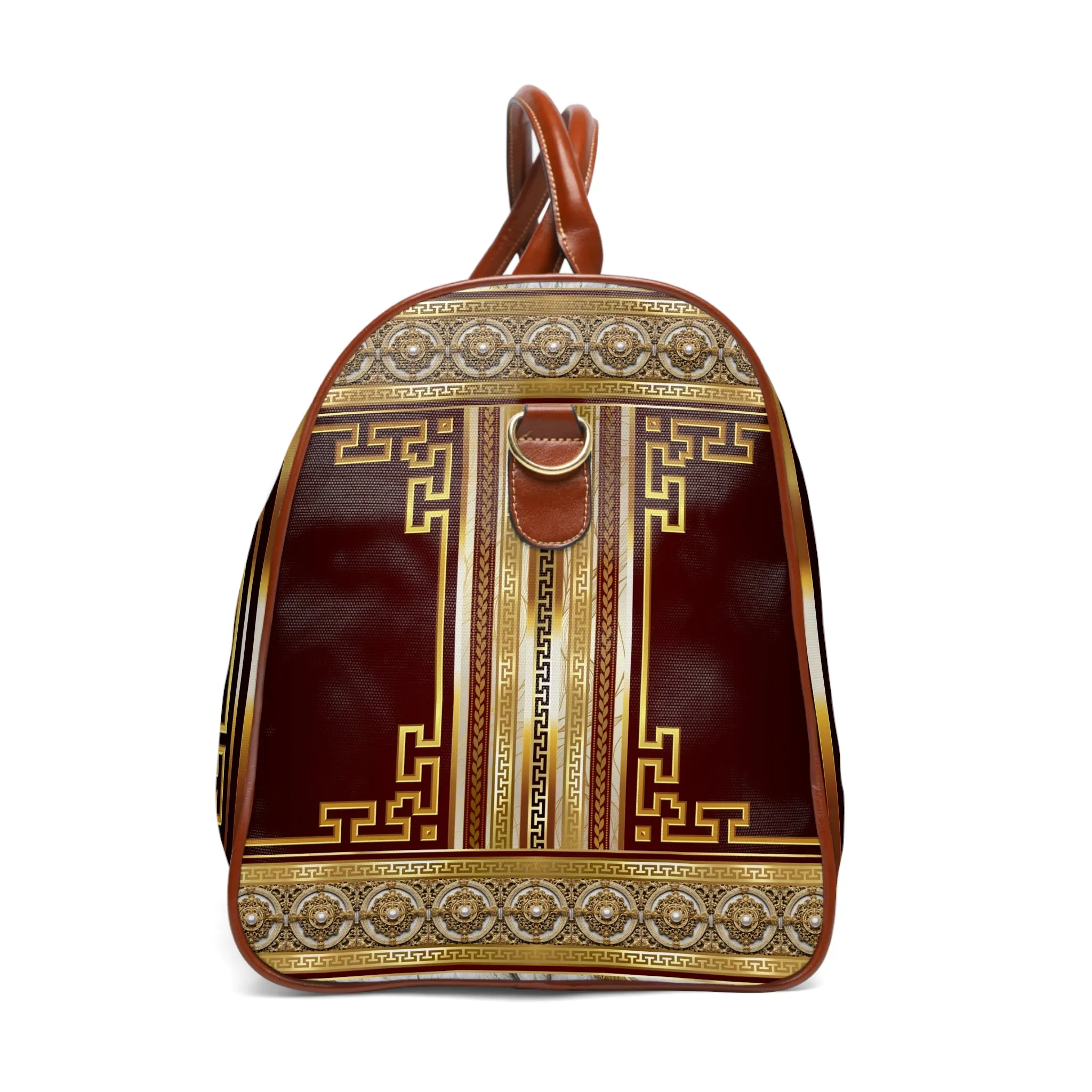 Maroon Gold Cream Large Greek Keys Waterproof Travel Bag